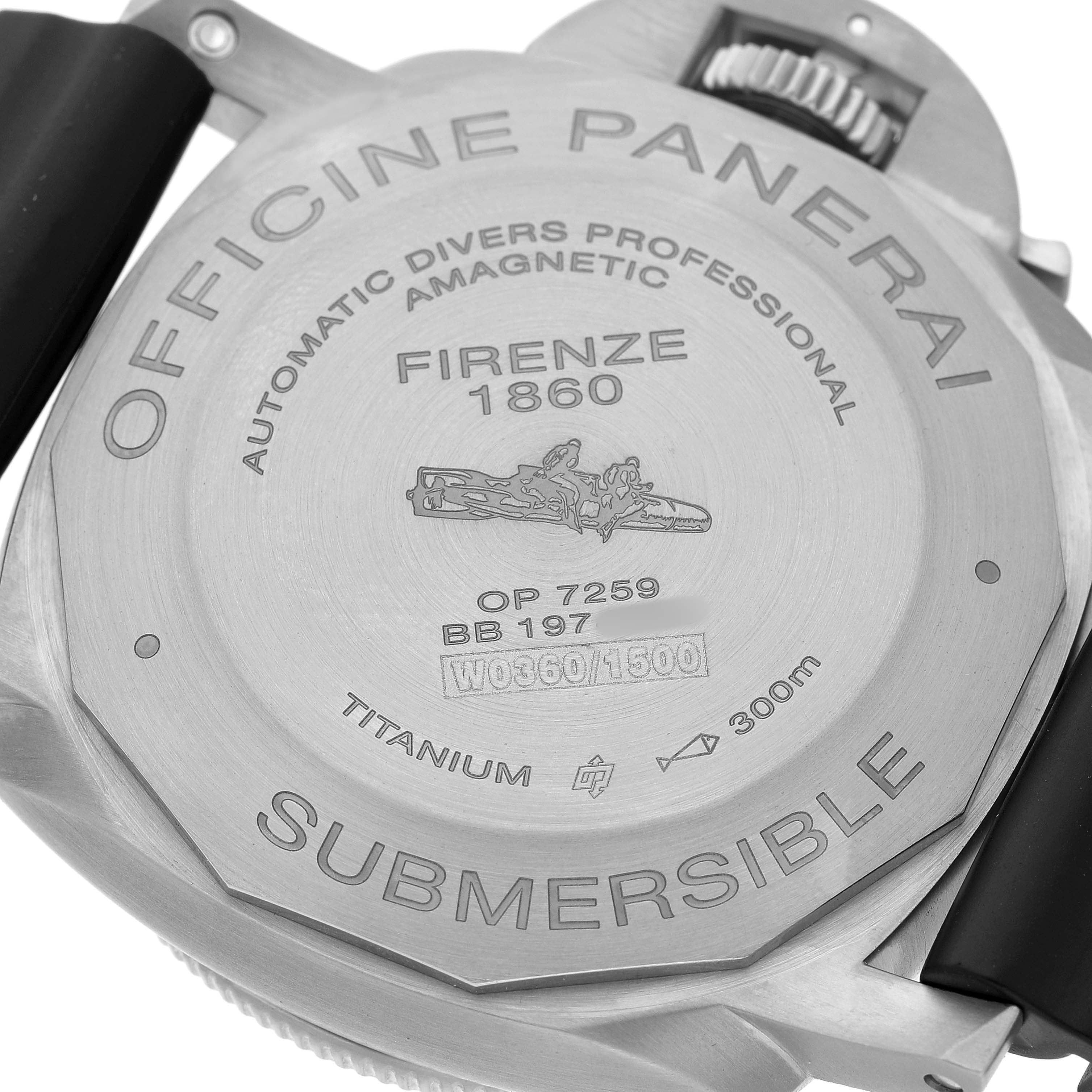 The image shows the back of a Panerai Submersible PAM01389 Men's Titanium Black Dial watch, highlighting the engraved branding and specifications.