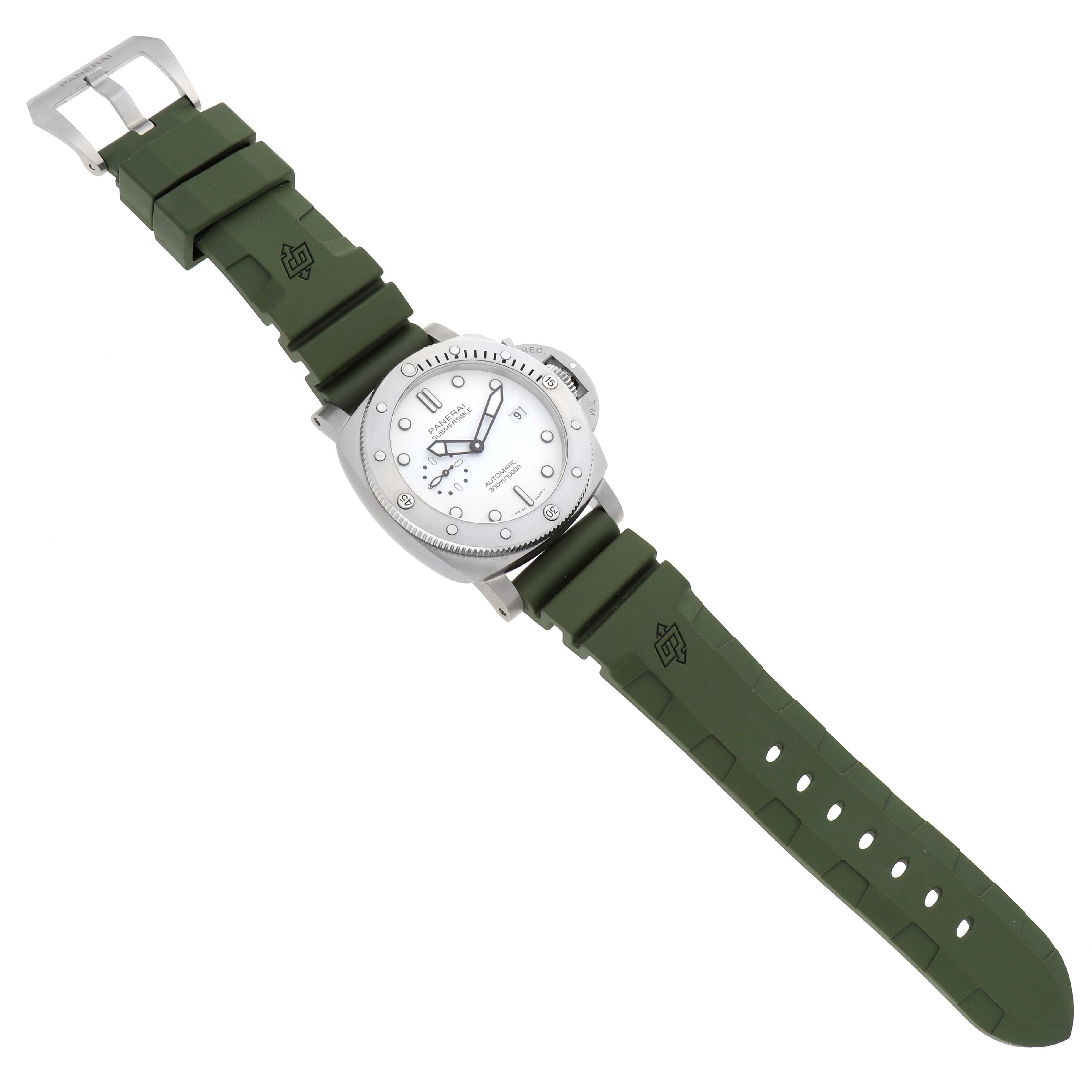 The image shows a top view of a Panerai Submersible PAM01226 Men
s Stainless Steel White Dial PAM01226 Men
s Stainless Steel White Dial watch with a white dial and green rubber strap.