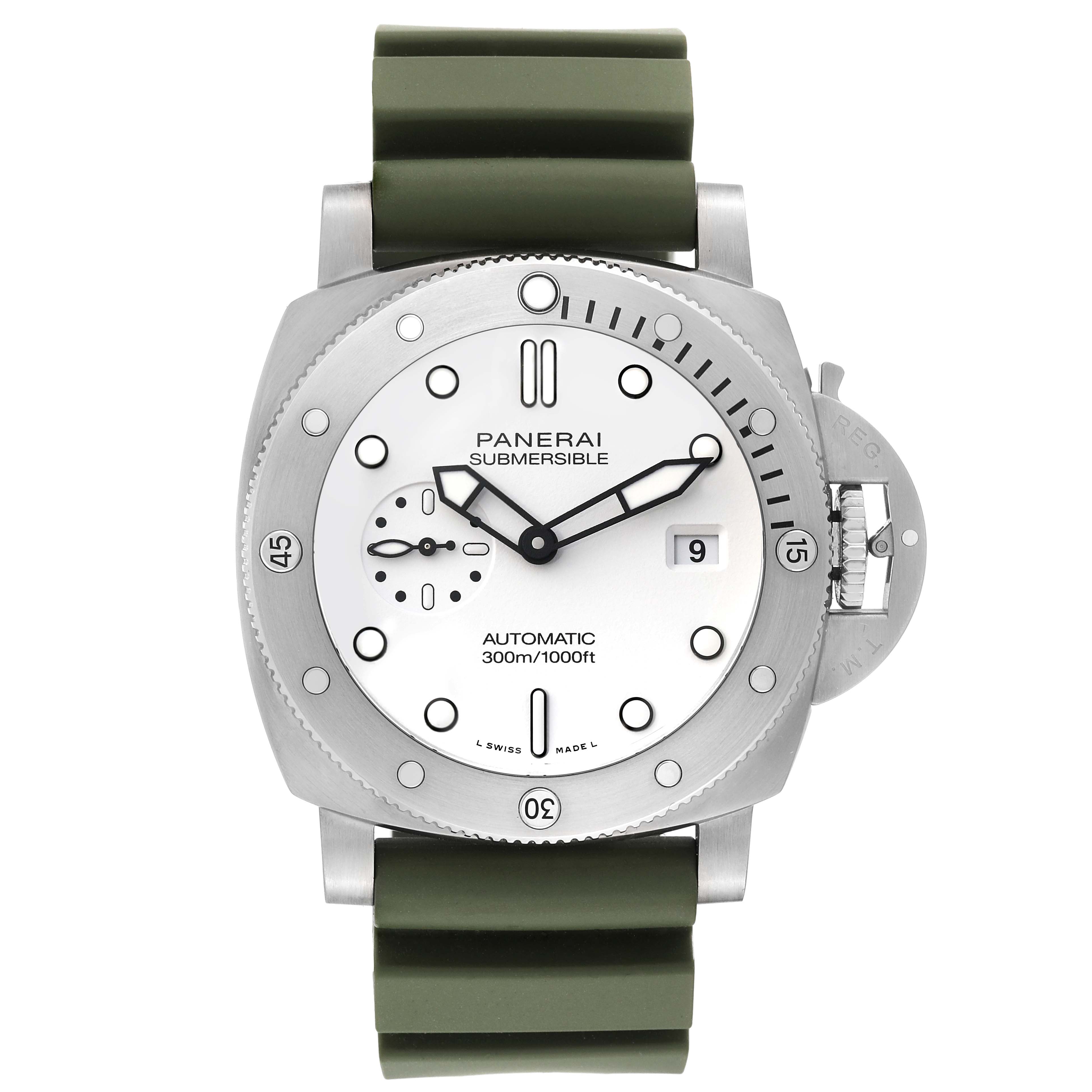 This image shows a front view of the Panerai Submersible PAM01226 Men
s Stainless Steel White Dial PAM01226 Men
s Stainless Steel White Dial watch, displaying the dial, bezel, case, and green strap.