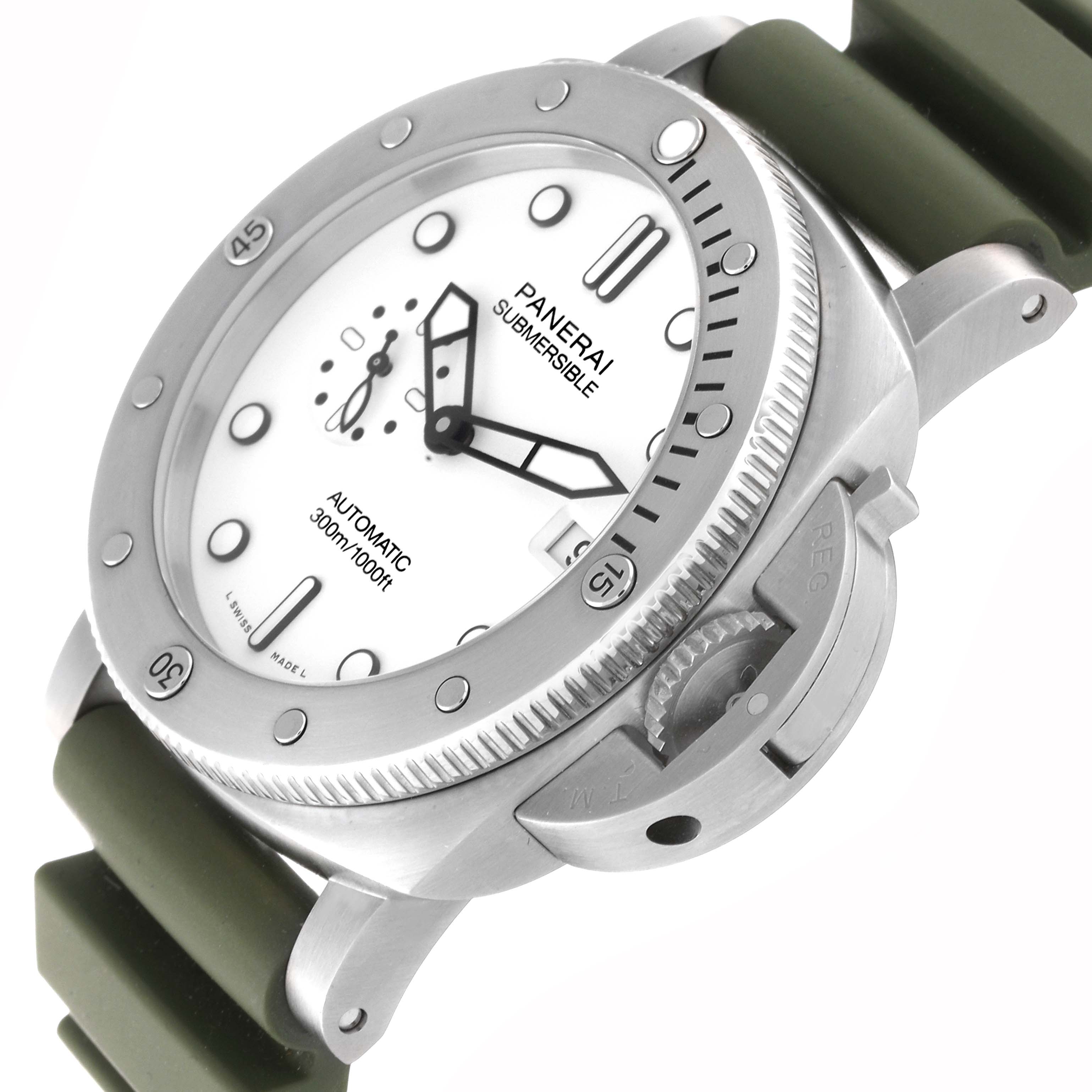 The image shows a Panerai Submersible PAM01226 Men
s Stainless Steel White Dial PAM01226 Men
s Stainless Steel White Dial watch with a white dial, bezel, crown, and green rubber strap, viewed from an angled close-up.