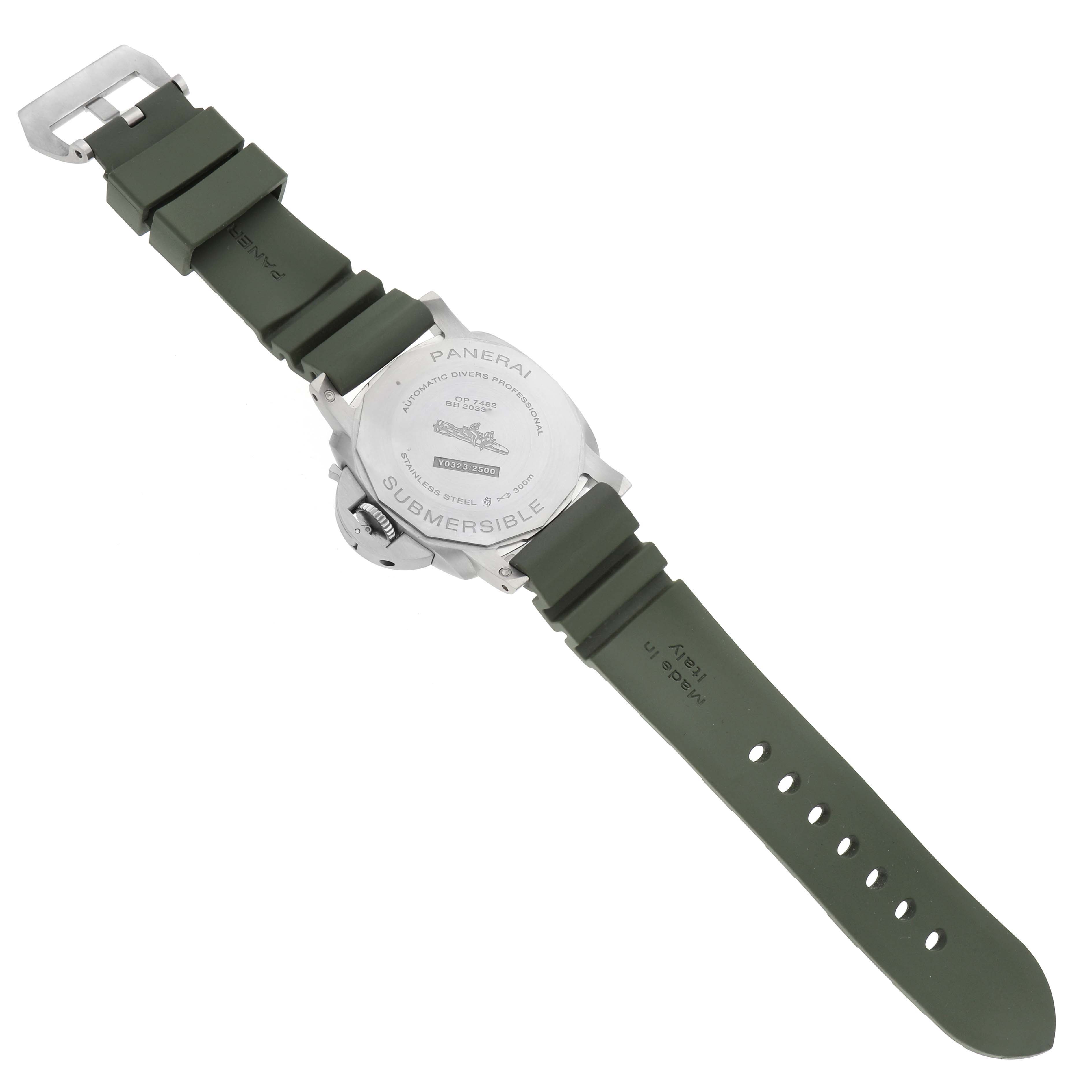 The image shows the back view of a Panerai Submersible PAM01226 Men
s Stainless Steel White Dial PAM01226 Men
s Stainless Steel White Dial watch with a green strap and visible case back details.