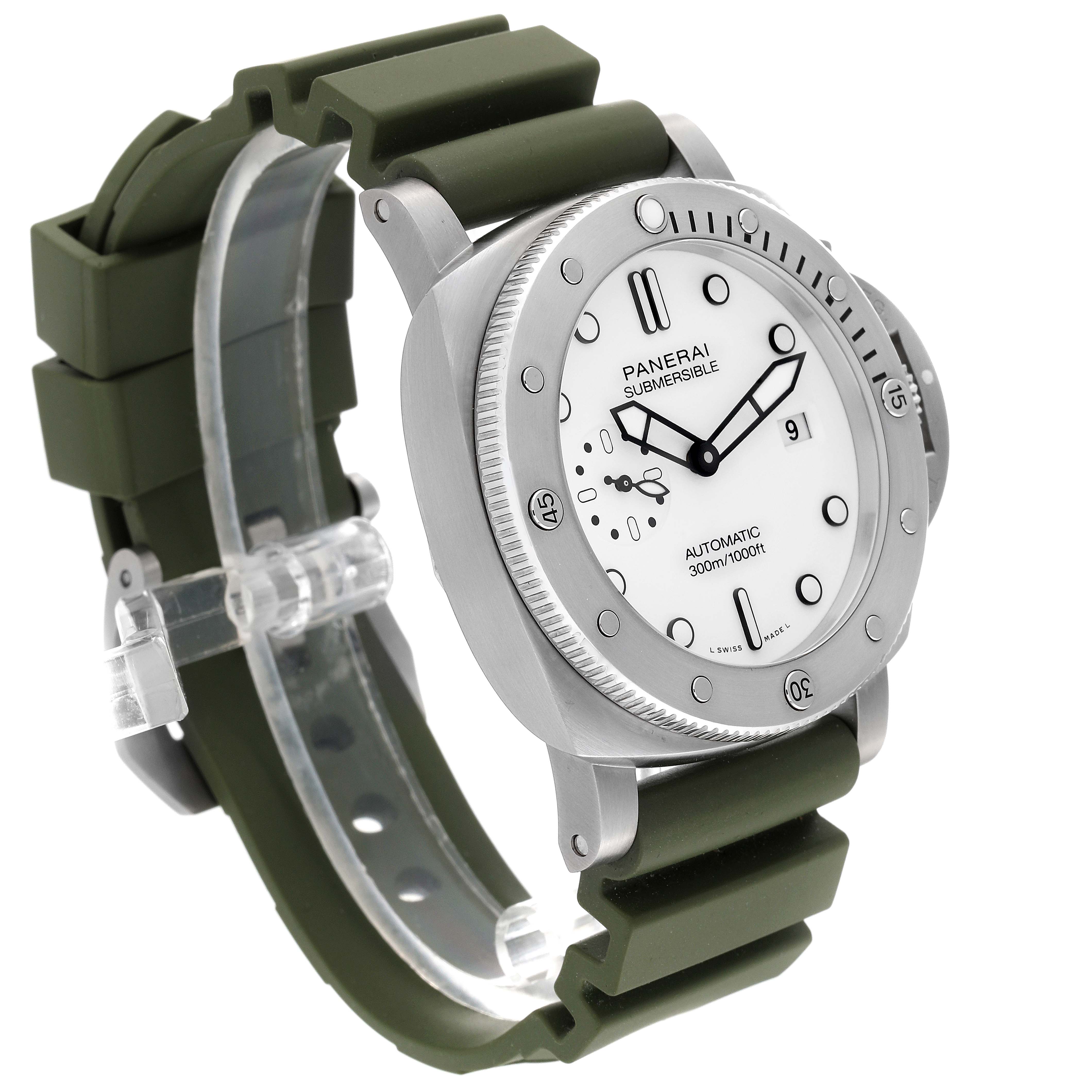 The image shows a Panerai Submersible PAM01226 Men
s Stainless Steel White Dial PAM01226 Men
s Stainless Steel White Dial watch at a slight side angle, highlighting its white dial, bezel, and green strap.