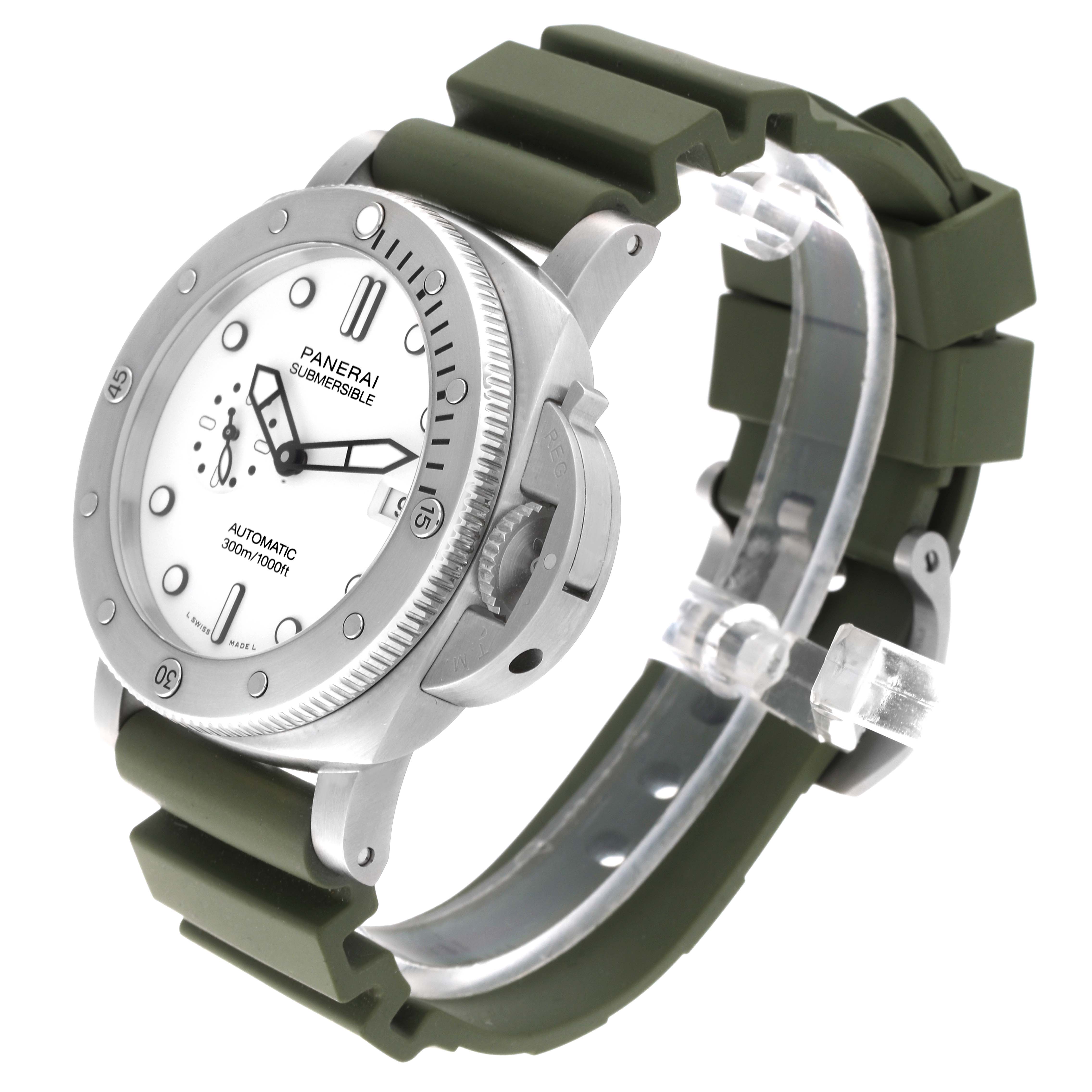 The image shows a Panerai Submersible PAM01226 Men
s Stainless Steel White Dial PAM01226 Men
s Stainless Steel White Dial watch at an angle highlighting the white dial, green strap, and part of the bezel.
