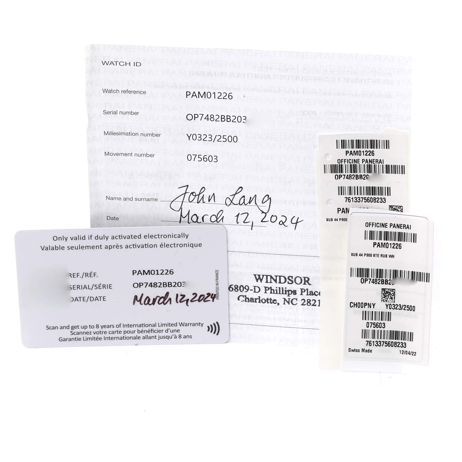 The image shows warranty, Best Quality
ity cards, and documentation for a Panerai Submersible PAM01226 Men
s Stainless Steel White Dial PAM01226 Men
s Stainless Steel White Dial watch model PAM01226.