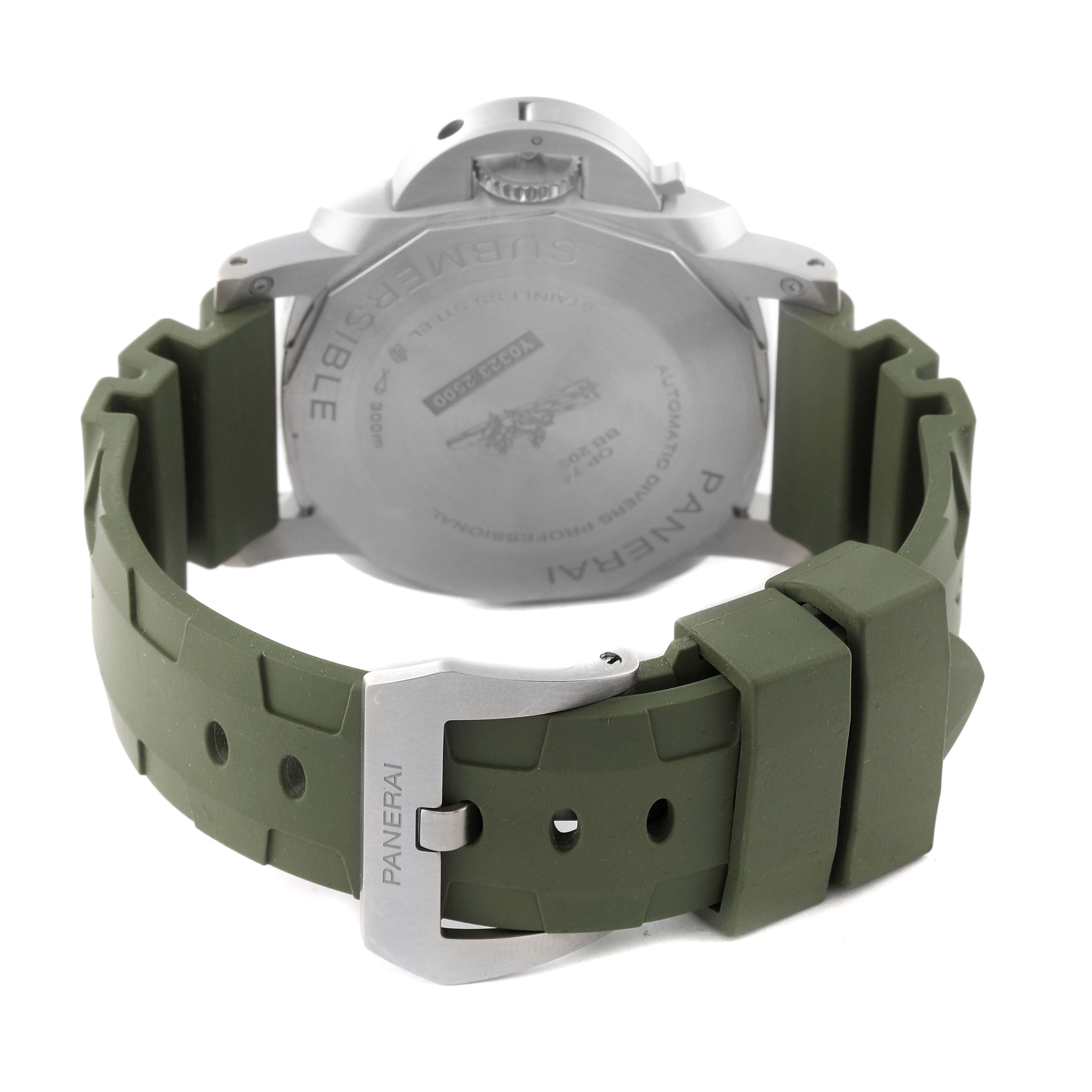 The image shows the back view of a Panerai Submersible PAM01226 Men
s Stainless Steel White Dial PAM01226 Men
s Stainless Steel White Dial watch, highlighting its olive green strap and buckle.