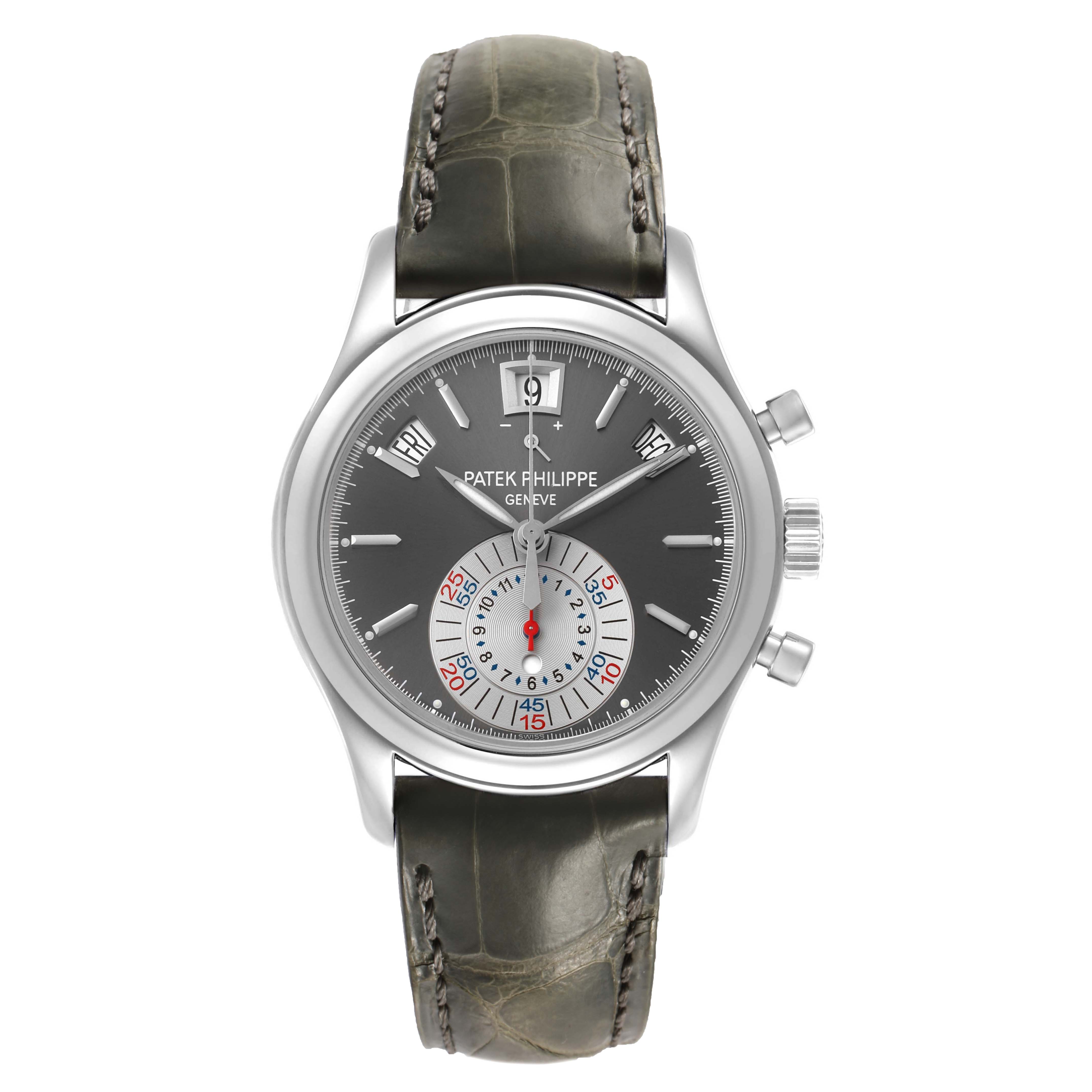 The Patek Philippe Complications 5960P-001 Men's Platinum Silver Dial watch is shown from a front view, displaying the dial, hands, subdials, and leather strap.