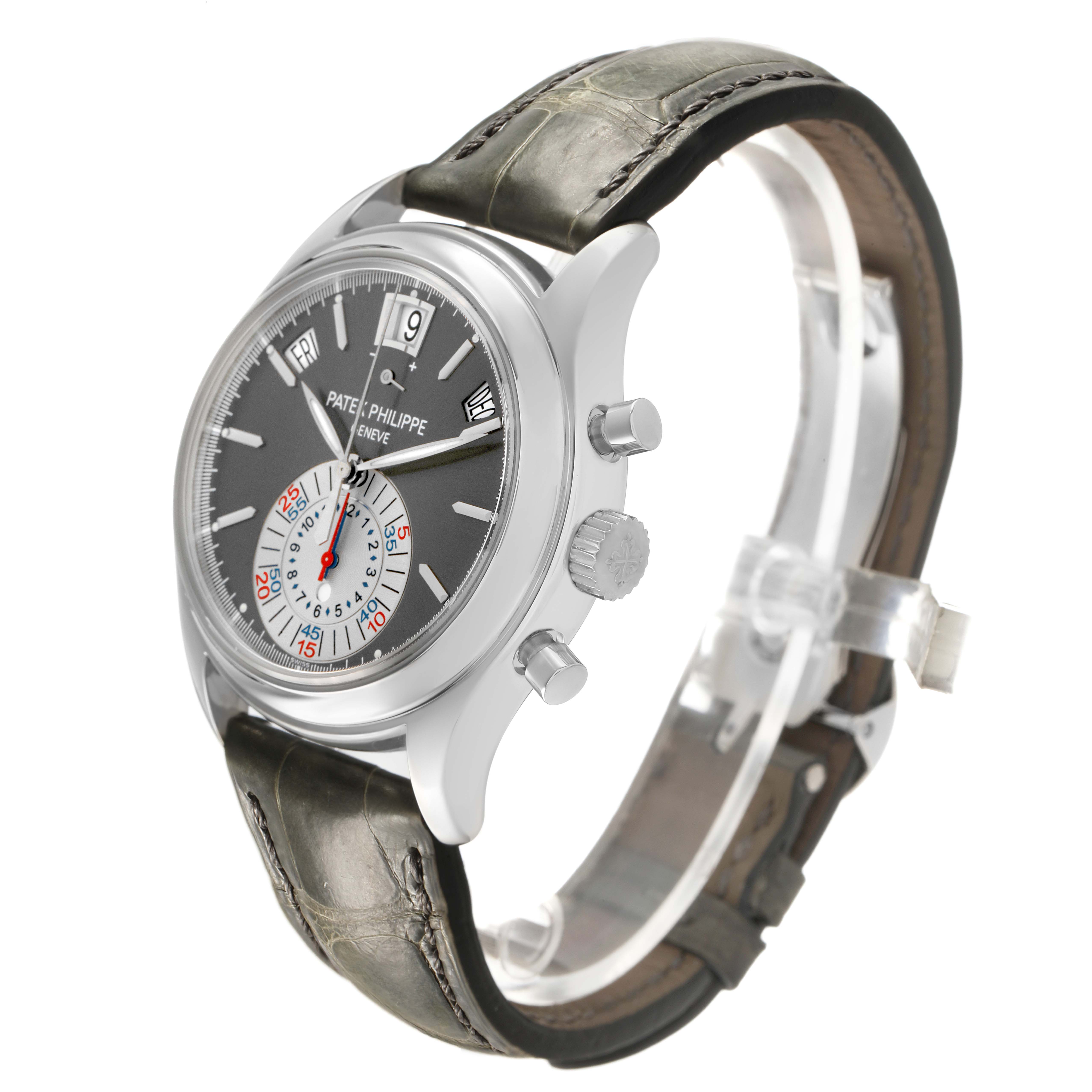 The Patek Philippe Complications 5960P-001 Men's Platinum Silver Dial watch is shown in a side view, highlighting the case, dial, crown, pushers, and leather strap.