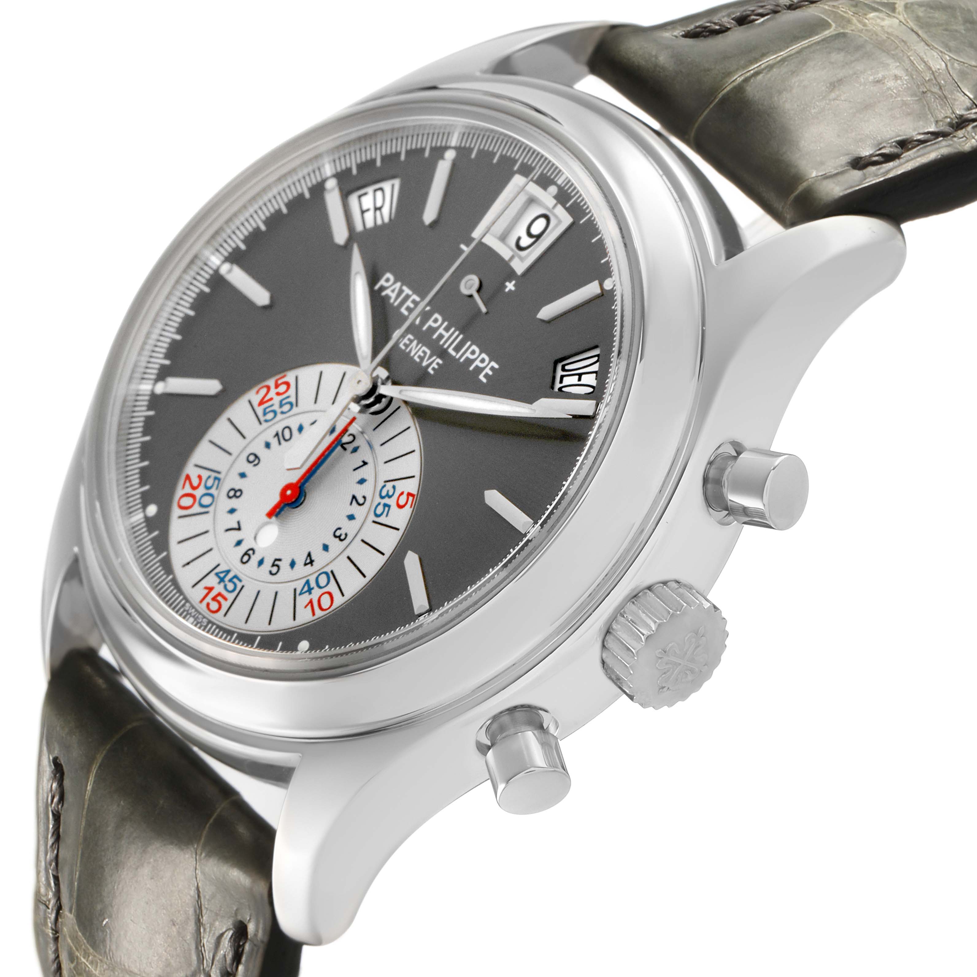 The Patek Philippe Complications 5960P-001 Men's Platinum Silver Dial watch is shown from a side angle, highlighting the dial, crown, and pushers.