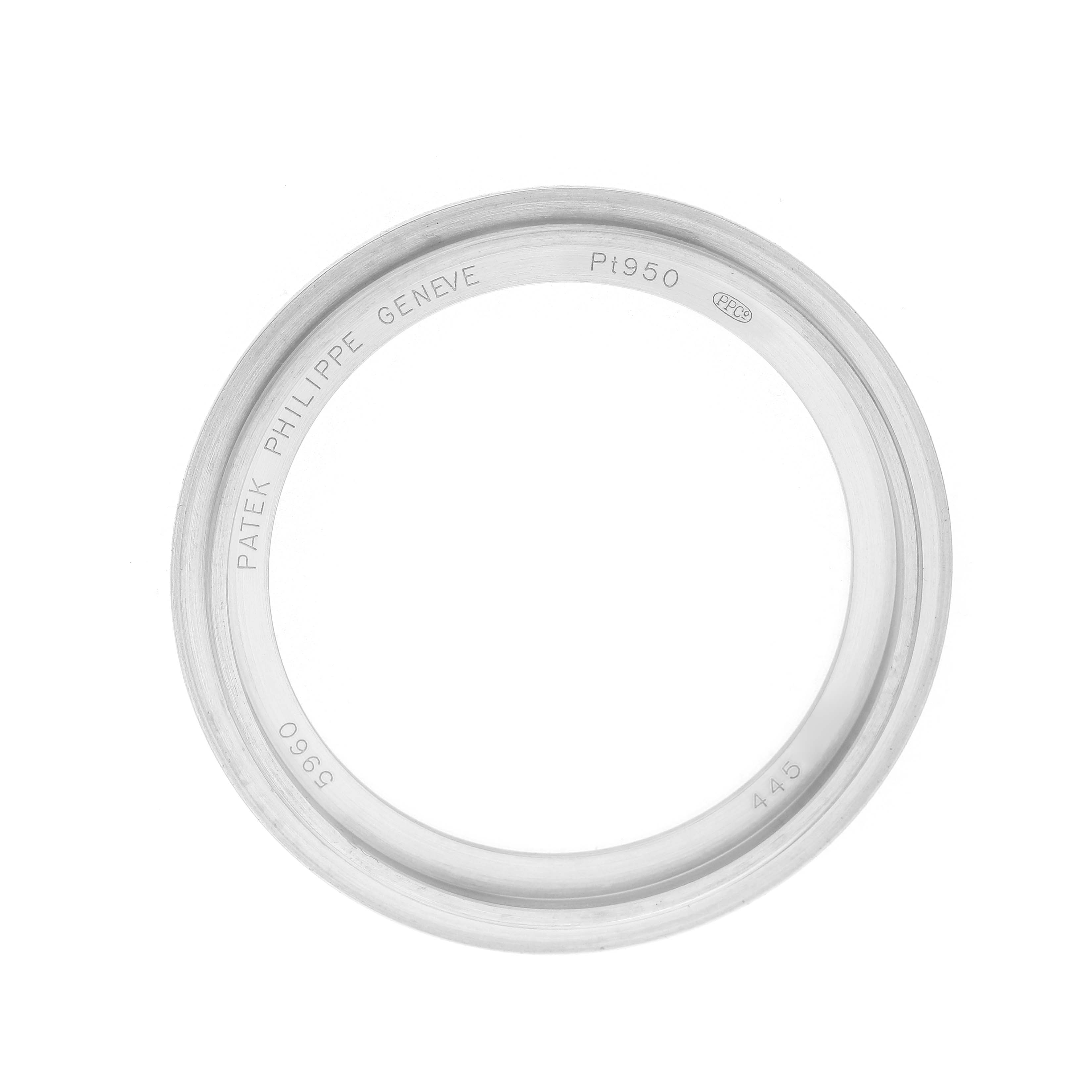 The image shows a top view of the bezel for the Patek Philippe Complications 5960P-001 Men's Platinum Silver Dial model.