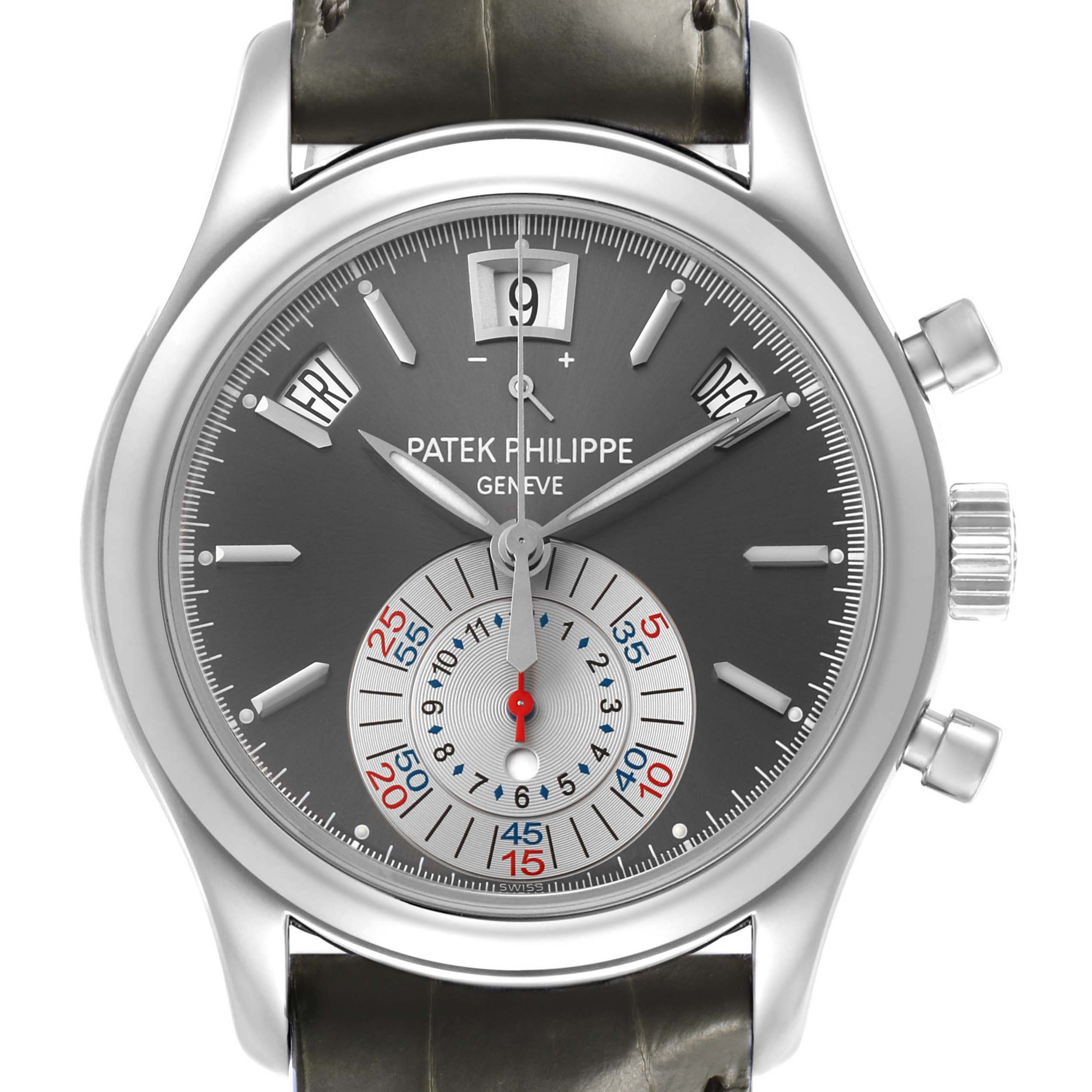 The image shows a frontal view of the Patek Philippe Complications 5960P-001 Men's Platinum Silver Dial watch, highlighting the dial, subdials, and crown.
