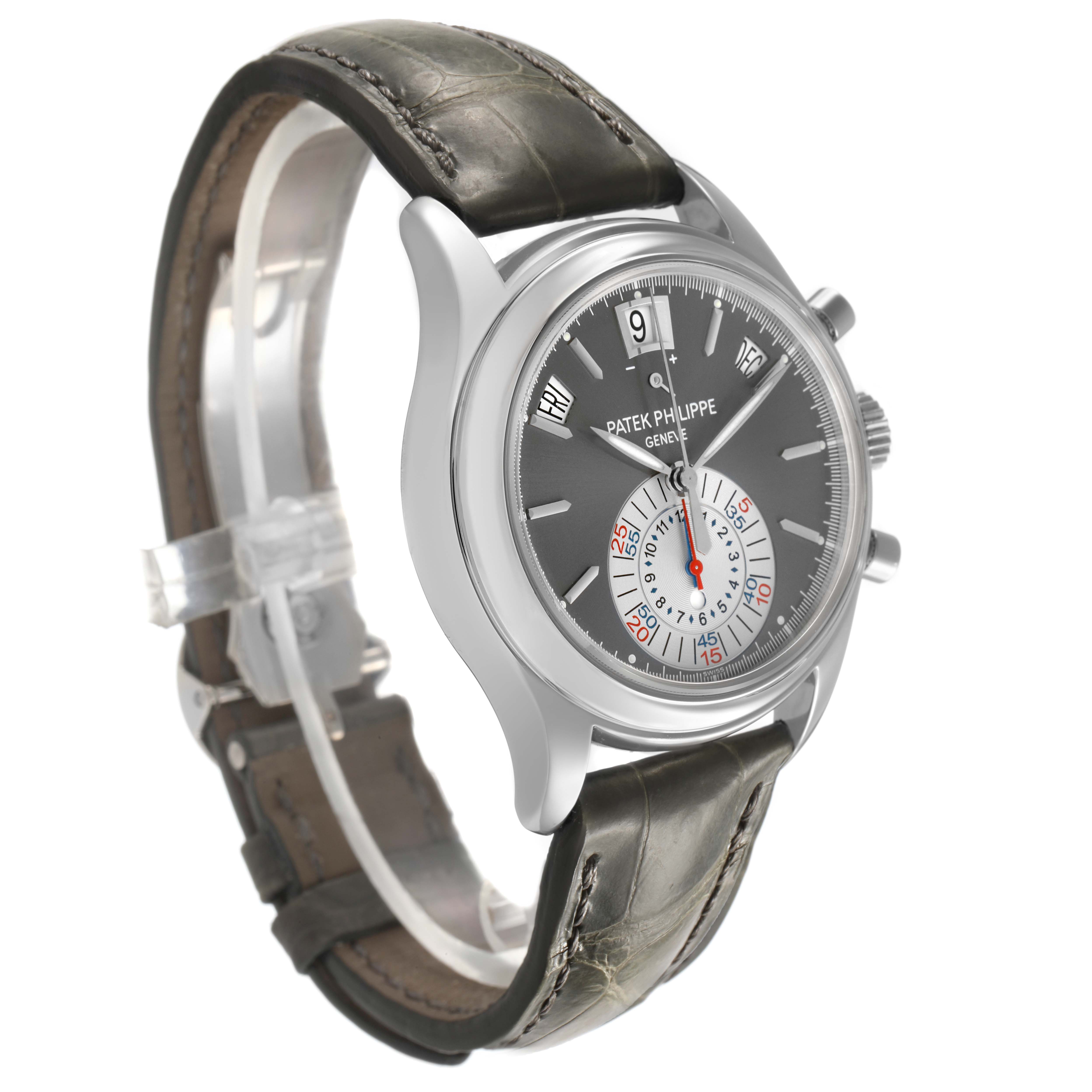 The Patek Philippe Complications 5960P-001 Men's Platinum Silver Dial watch is shown at a three-quarter angle, displaying the face, side buttons, and leather strap.