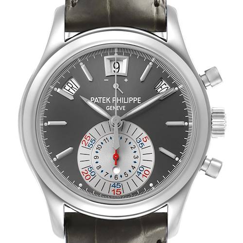 The Patek Philippe Complications 5960P-001 Men's Platinum Silver Dial watch is shown from a front angle, highlighting the dial, hands, sub-dial, and date windows.