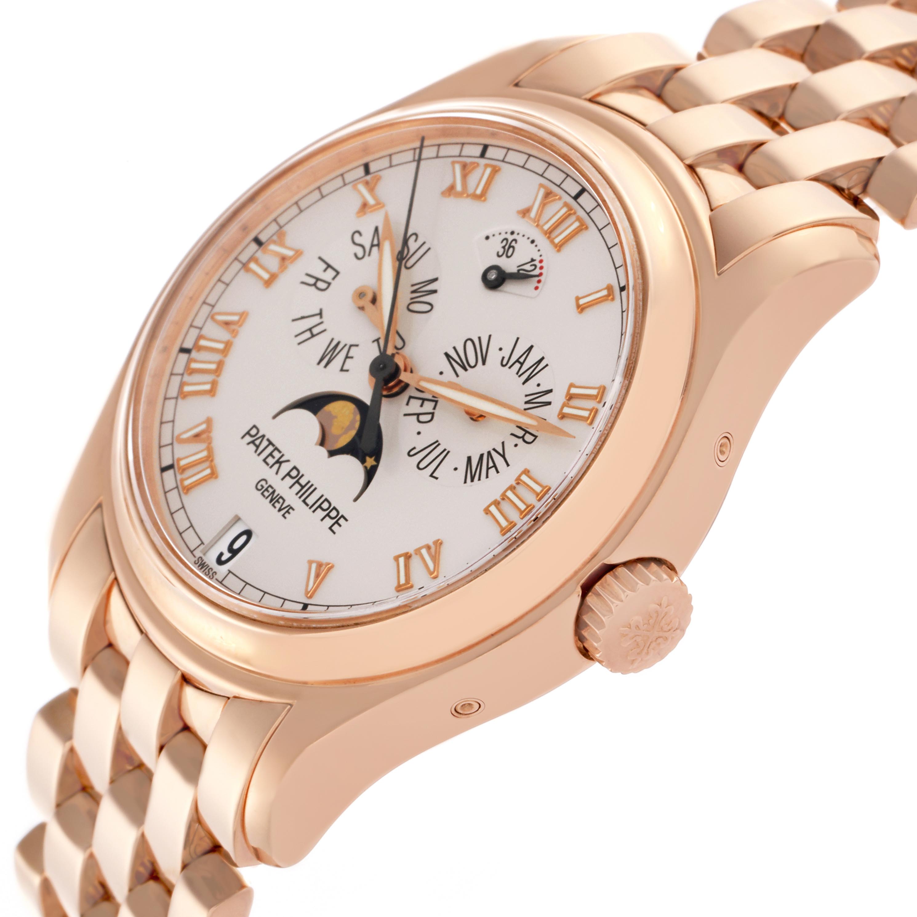 The Patek Philippe Complications 5036/1R Men's Rose Gold White Dial 5036/1R Men's Rose Gold White Dial watch is shown at a side angle highlighting the dial, crown, and part of the bracelet.