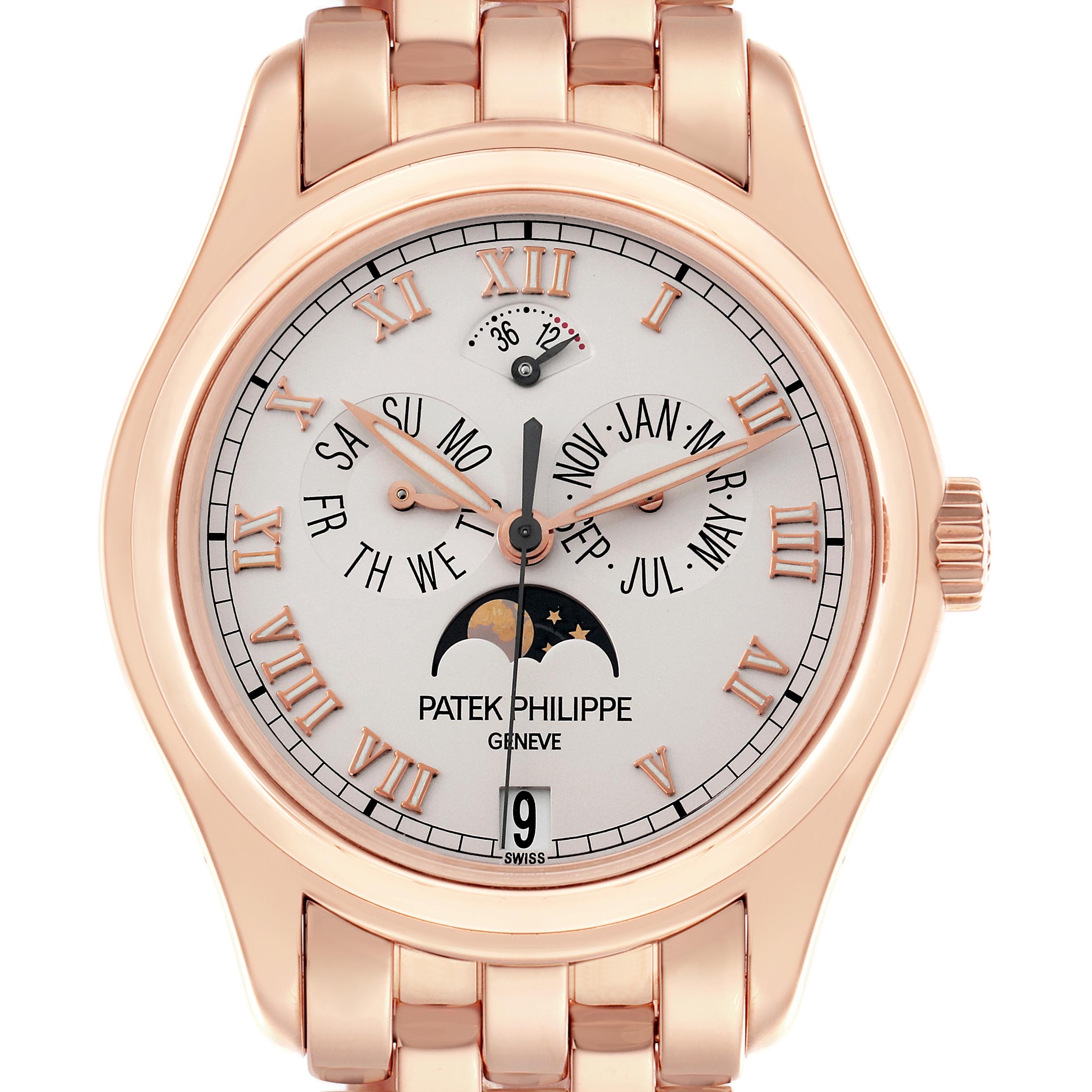 The image shows a Patek Philippe Complications 5036/1R Men's Rose Gold White Dial 5036/1R Men's Rose Gold White Dial model from a front angle, displaying the dial, moon phase, date, day, month, and bracelet.