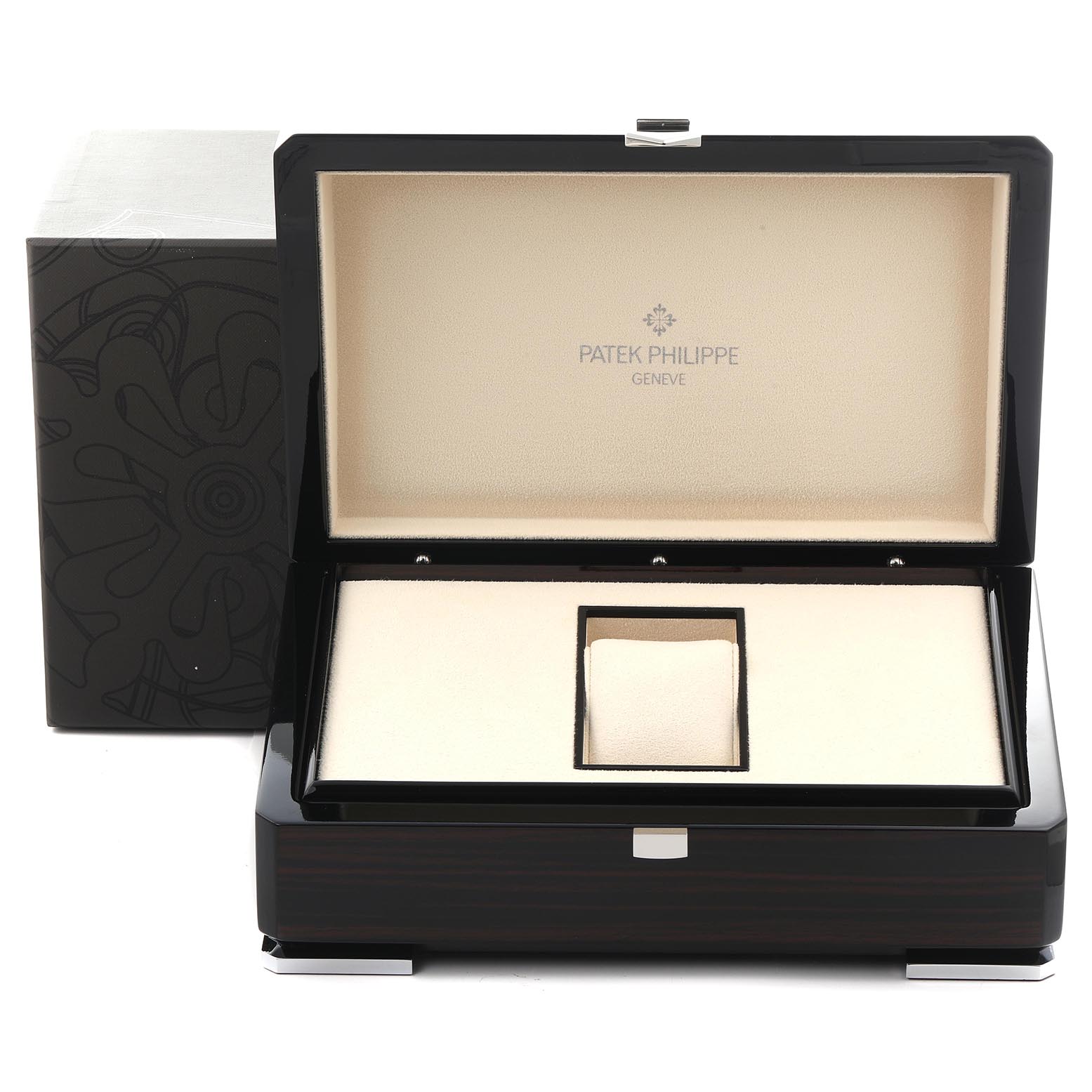 The image shows an open Patek Philippe Complications 5036/1R Men's Rose Gold White Dial 5036/1R Men's Rose Gold White Dial watch box, featuring its interior padding and brand logo.