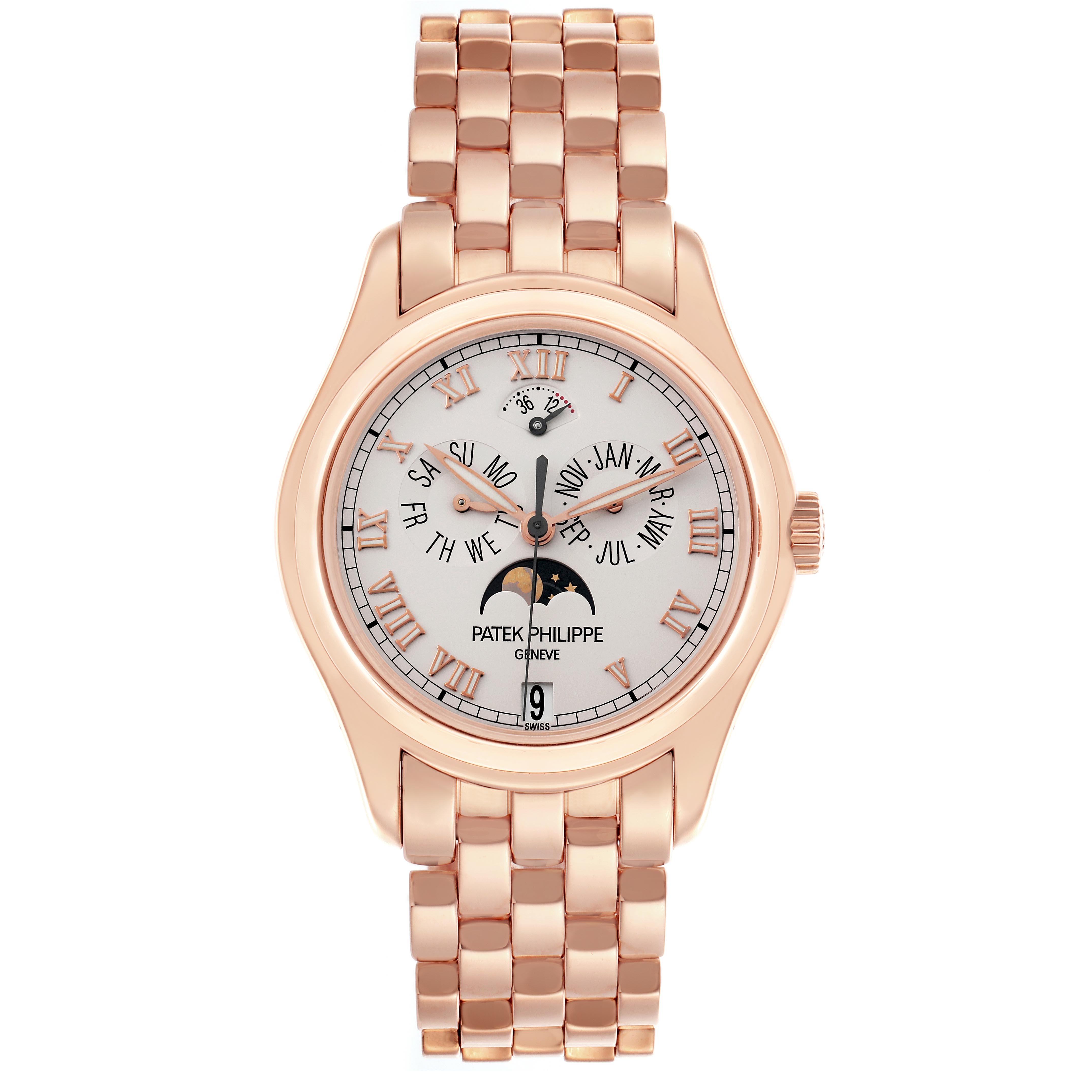 The Patek Philippe Complications 5036/1R Men's Rose Gold White Dial 5036/1R Men's Rose Gold White Dial watch is shown from a top-down angle, displaying the face, dial, and bracelet.