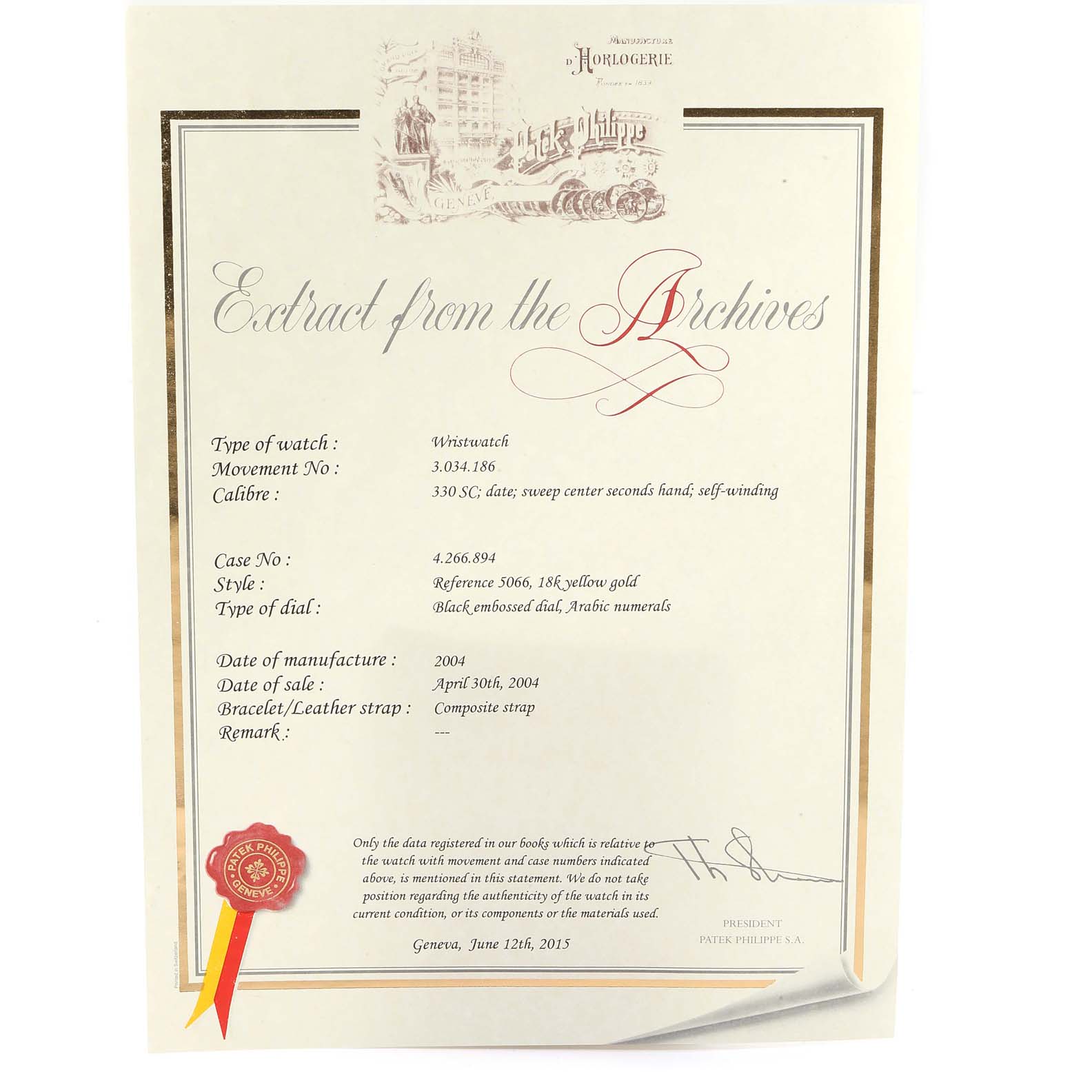 The image shows a certificate for a Patek Philippe Aquanaut 5066J Men's Yellow Gold Black Dial 5066J Men's Yellow Gold Black Dial watch, detailing its specifications and sale information.