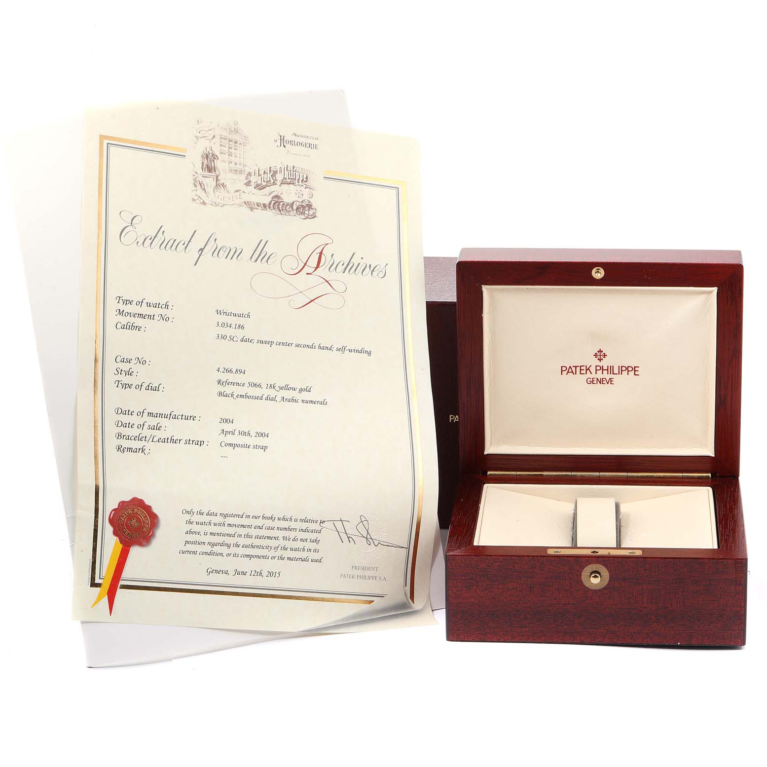 The image shows a Patek Philippe Aquanaut 5066J Men's Yellow Gold Black Dial 5066J Men's Yellow Gold Black Dial model's certificate and empty watch box from a front angle.