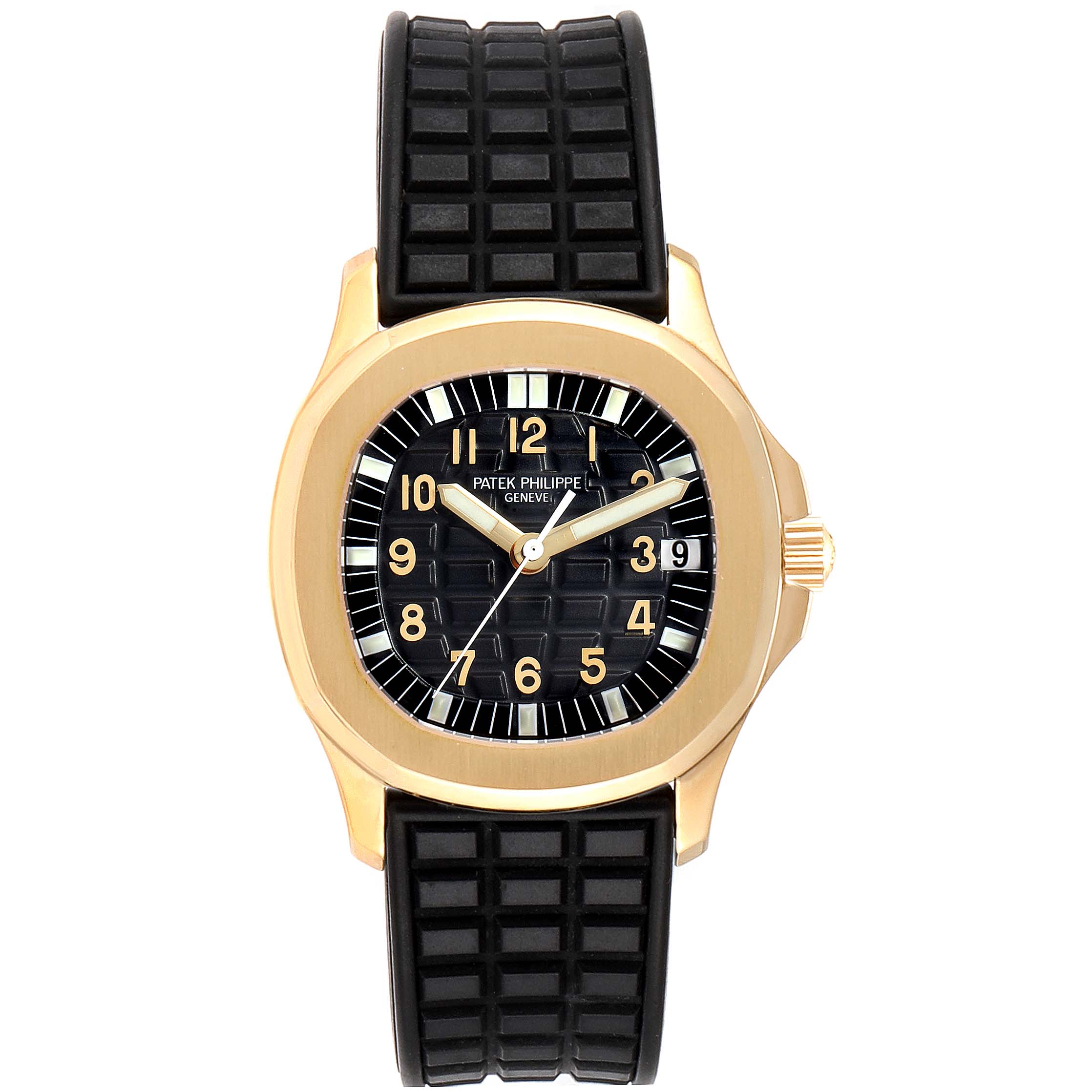 The image shows a front view of the Patek Philippe Aquanaut 5066J Men's Yellow Gold Black Dial 5066J Men's Yellow Gold Black Dial watch, highlighting its face, bezel, and rubber strap.
