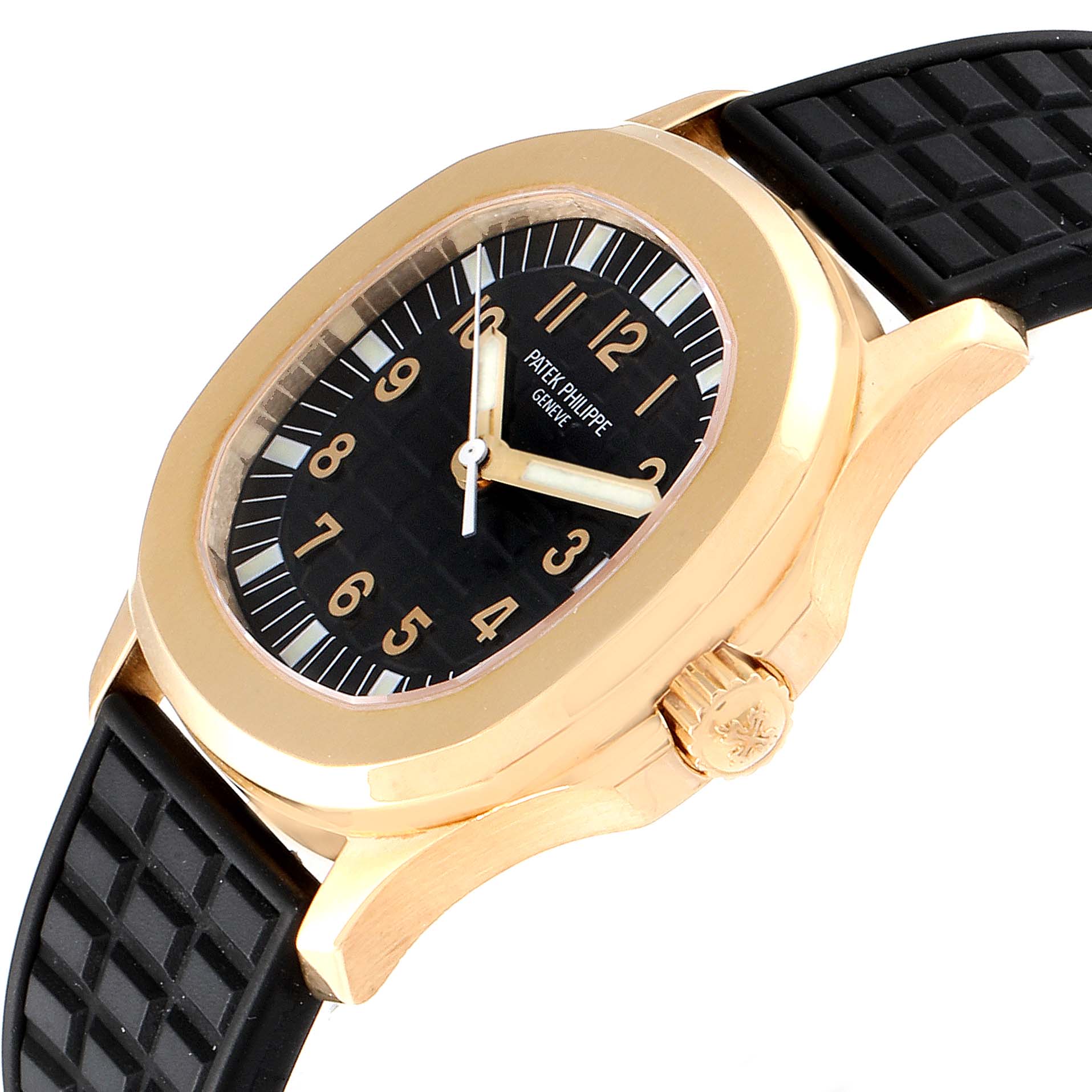 The Patek Philippe Aquanaut 5066J Men's Yellow Gold Black Dial 5066J Men's Yellow Gold Black Dial watch is shown at an angled side view, displaying the dial, crown, and part of the rubber strap.