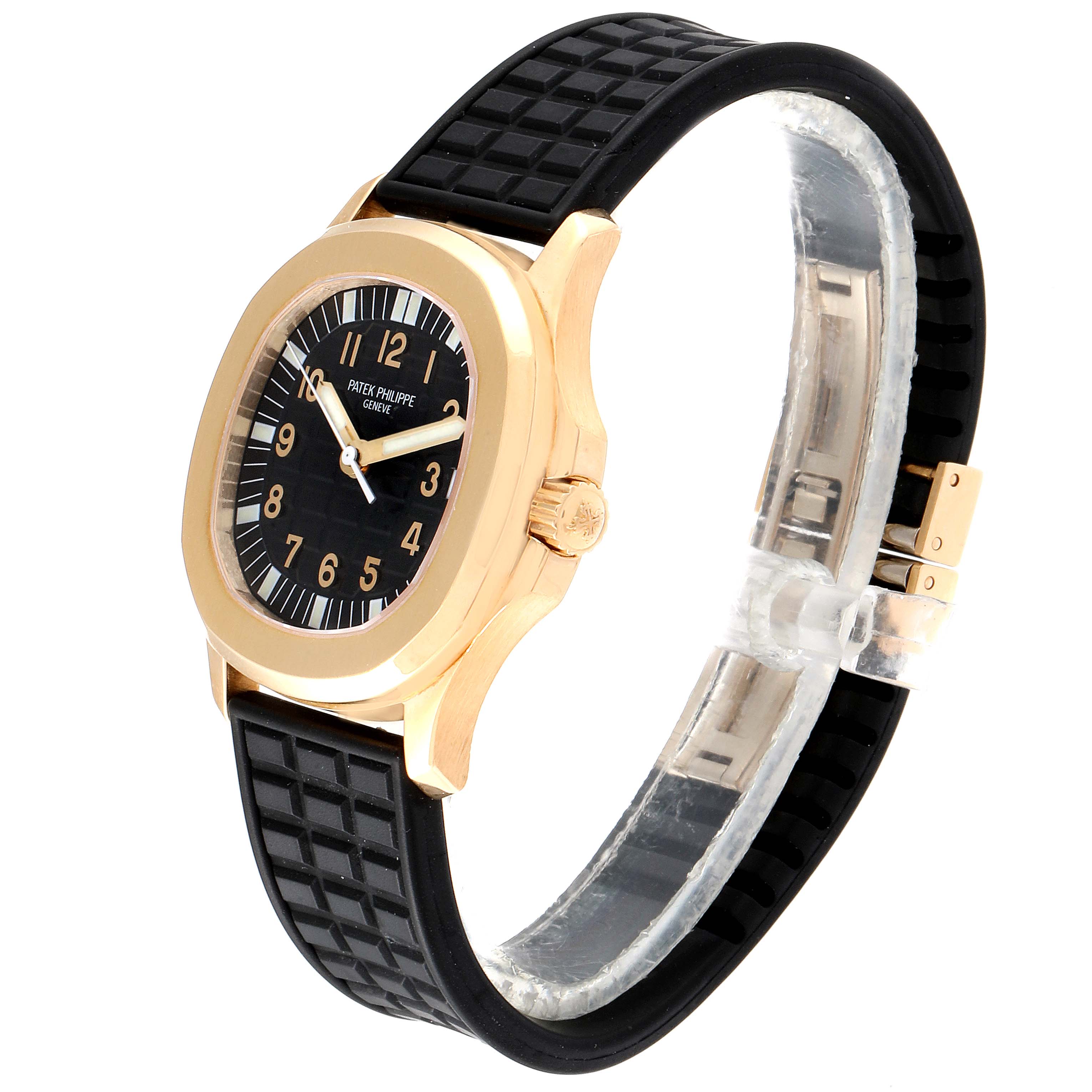 The watch is a Patek Philippe Aquanaut 5066J Men's Yellow Gold Black Dial 5066J Men's Yellow Gold Black Dial model, shown at a three-quarters angle highlighting the face, case, and strap.