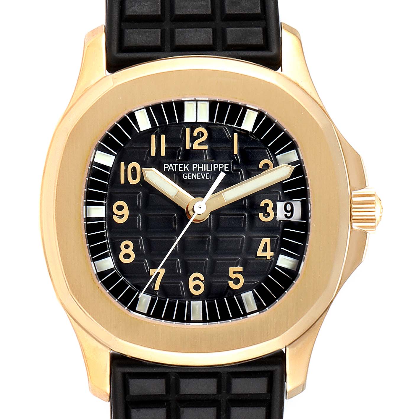 This is a close-up view of the Patek Philippe Aquanaut 5066J Men's Yellow Gold Black Dial 5066J Men's Yellow Gold Black Dial watch, displaying its face, bezel, and part of the strap.