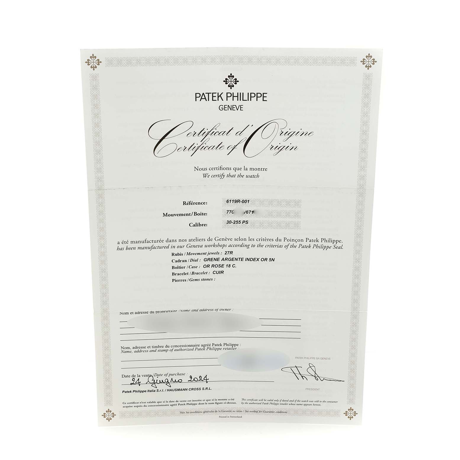 The image shows a Certificate of Origin for the Patek Philippe Calatrava 6119 6119R Men's Rose Gold Silver Dial, displaying its details and specifications.