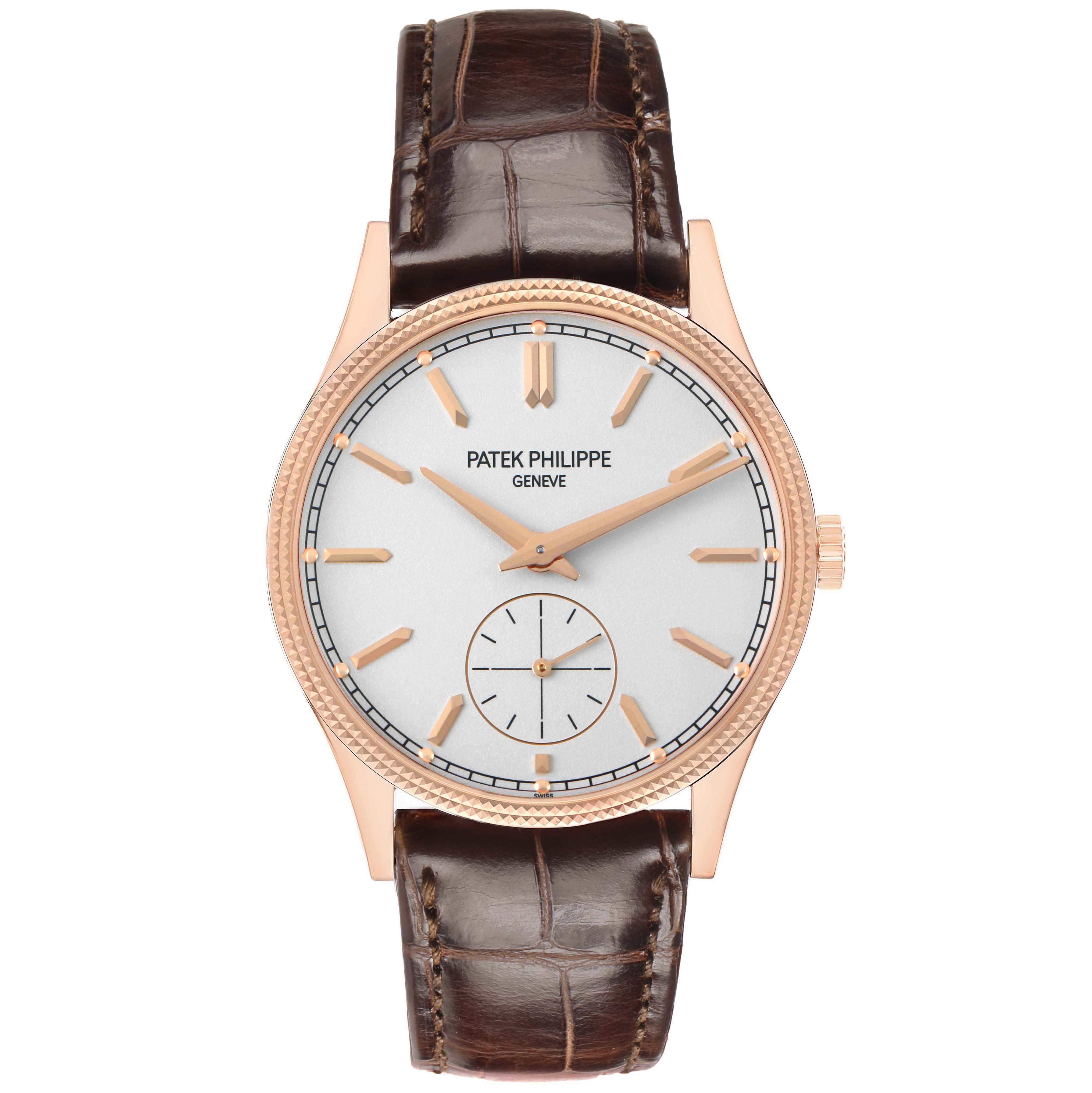The image shows a front view of the Patek Philippe Calatrava 6119 6119R Men's Rose Gold Silver Dial watch, highlighting its dial, hands, and leather strap.