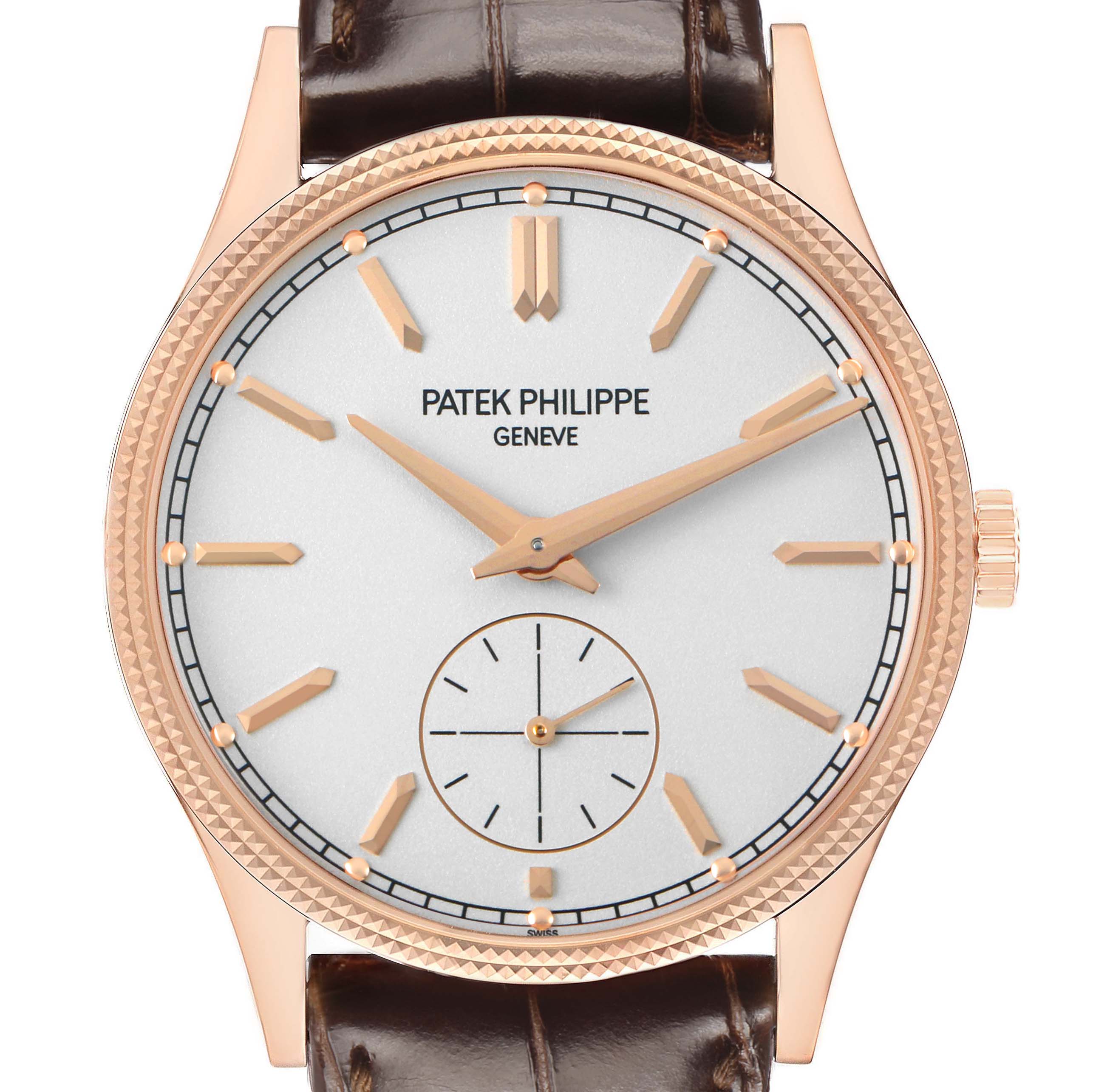 The Patek Philippe Calatrava 6119 6119R Men's Rose Gold Silver Dial watch is shown from the front, featuring its dial, hour markers, hands, and crown.