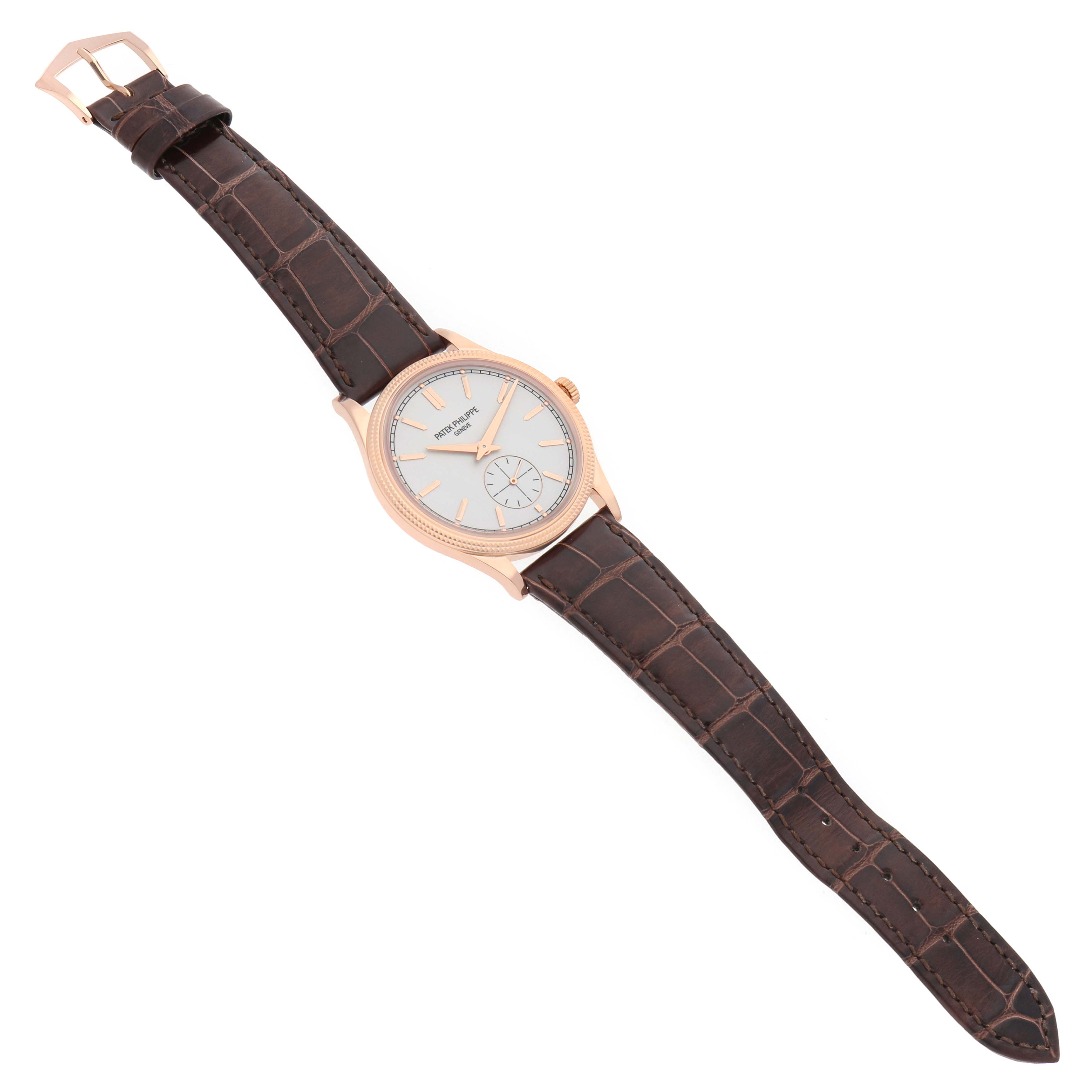 The Patek Philippe Calatrava 6119 6119R Men's Rose Gold Silver Dial watch is shown at a top-down angle, displaying the face, case, and leather strap.