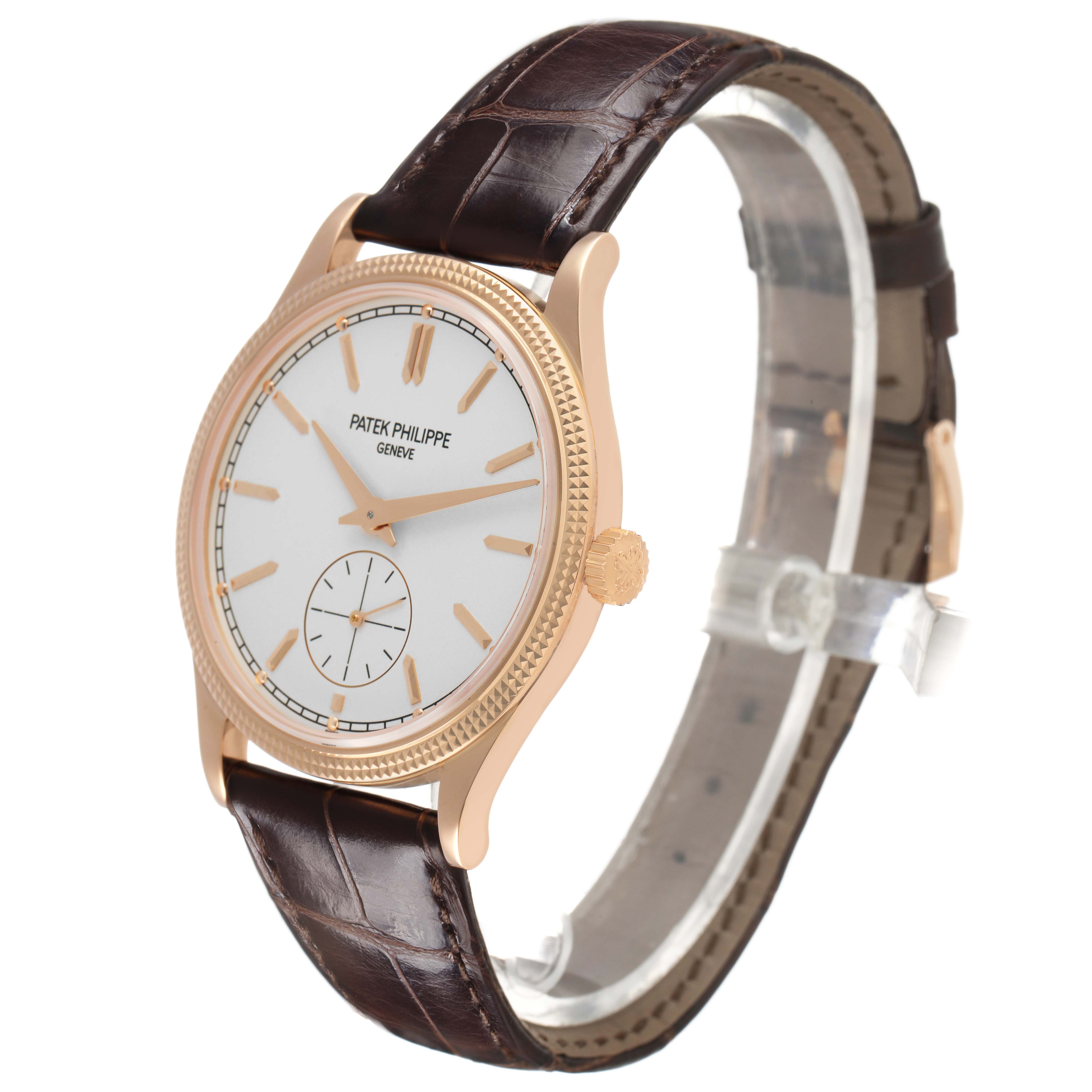 The Patek Philippe Calatrava 6119 6119R Men's Rose Gold Silver Dial watch is shown at an angle highlighting its face, bezel, crown, and leather strap.