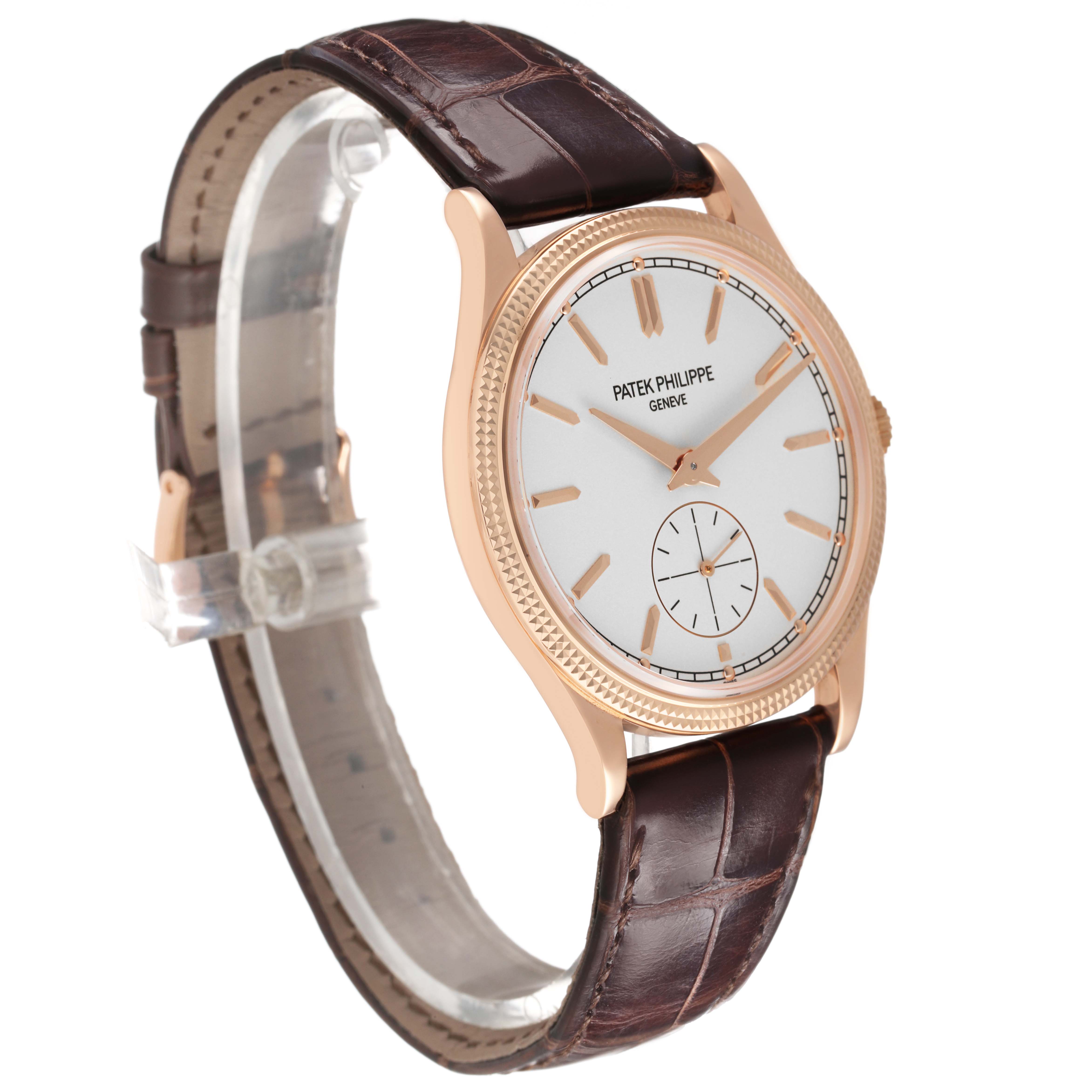 The Patek Philippe Calatrava 6119 6119R Men's Rose Gold Silver Dial watch is shown at a three-quarter angle highlighting its face, case, and leather strap.
