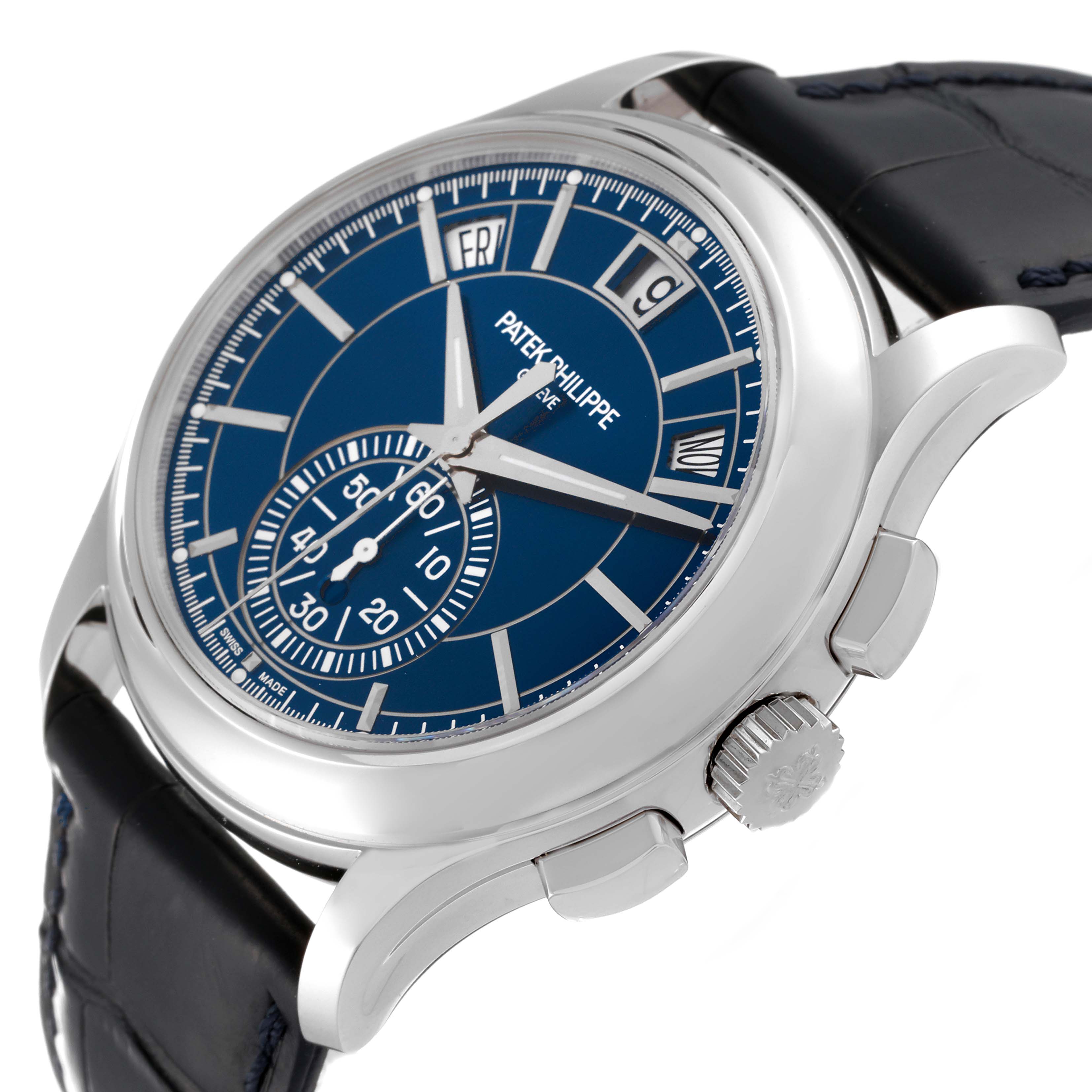 The Patek Philippe Complications 5905P - 001 Men's Platinum Blue Dial 5905P - 001 Men's Platinum Blue Dial watch is shown at an angle highlighting its blue dial, crown, and two pushers.