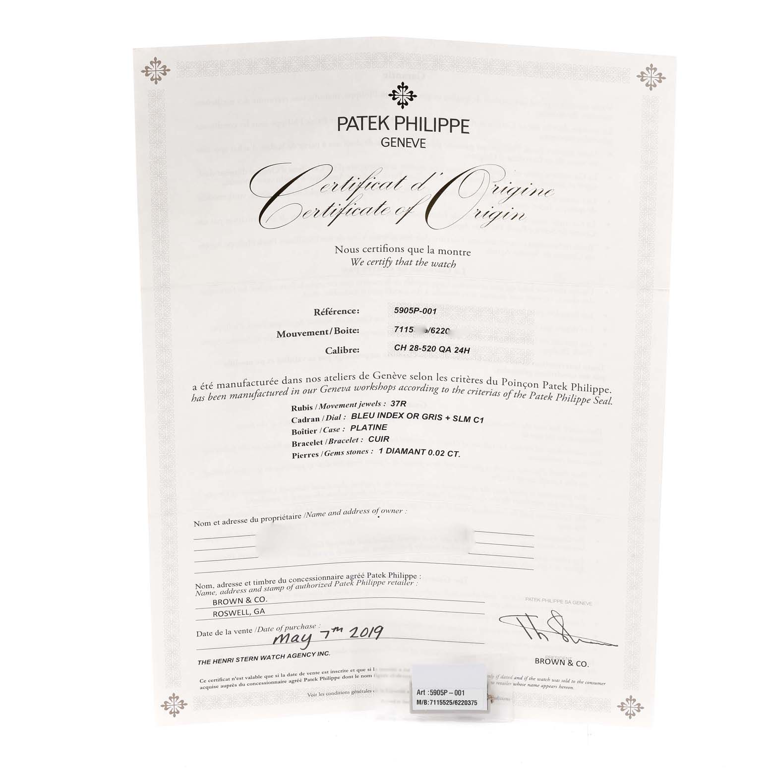 The image shows a Certificate of Origin for the Patek Philippe Complications 5905P - 001 Men's Platinum Blue Dial 5905P - 001 Men's Platinum Blue Dial model 5905P-001.