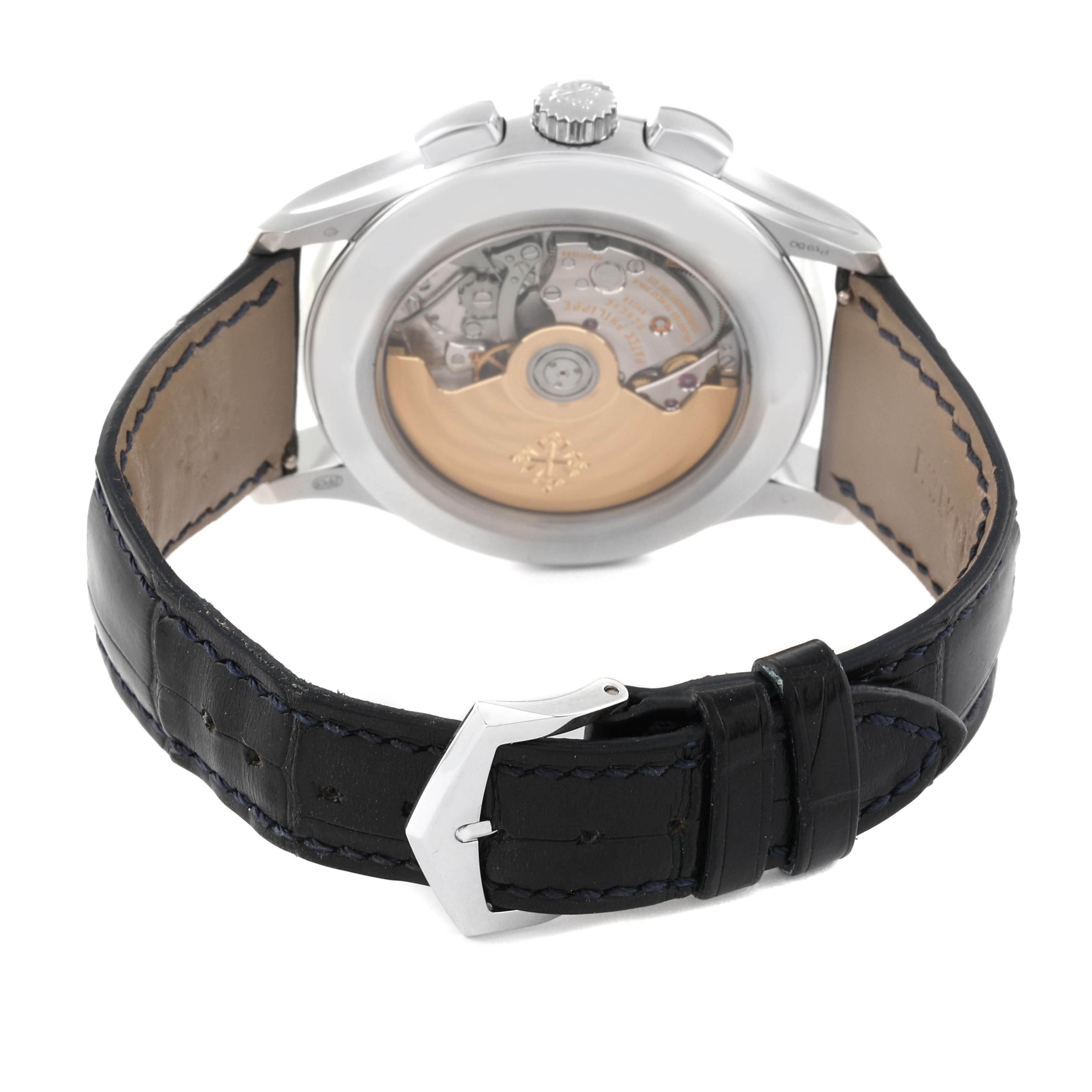 The image shows the back view of a Patek Philippe Complications 5905P - 001 Men's Platinum Blue Dial 5905P - 001 Men's Platinum Blue Dial model, highlighting its movement and black leather strap.