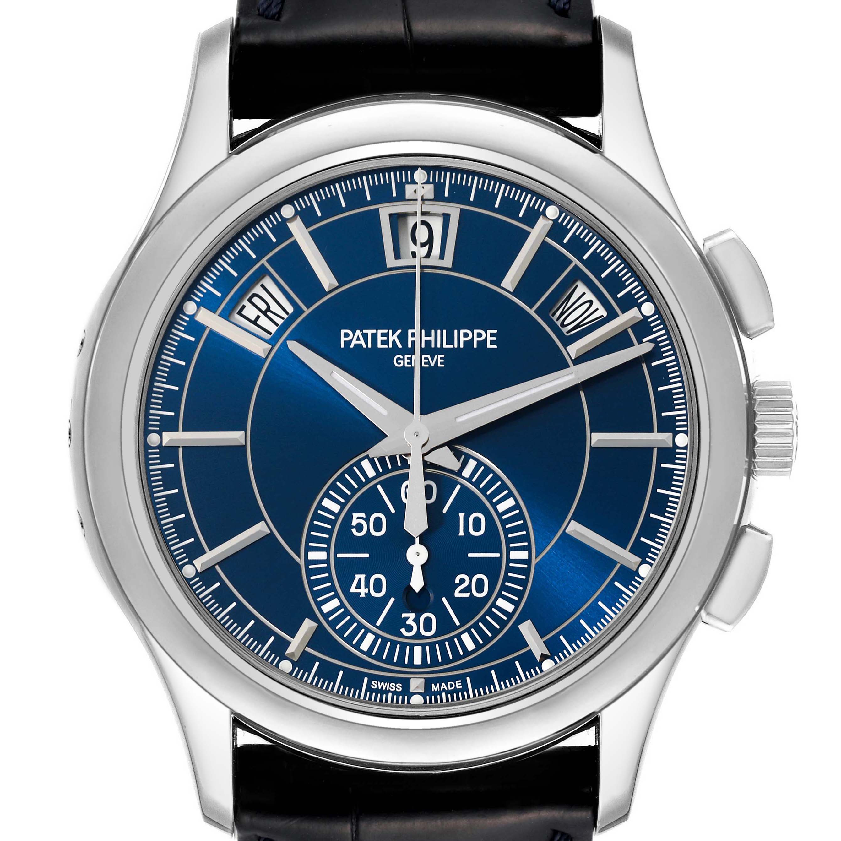 The image shows a front view of the Patek Philippe Complications 5905P - 001 Men's Platinum Blue Dial 5905P - 001 Men's Platinum Blue Dial watch, highlighting the dial and subdials in detail.
