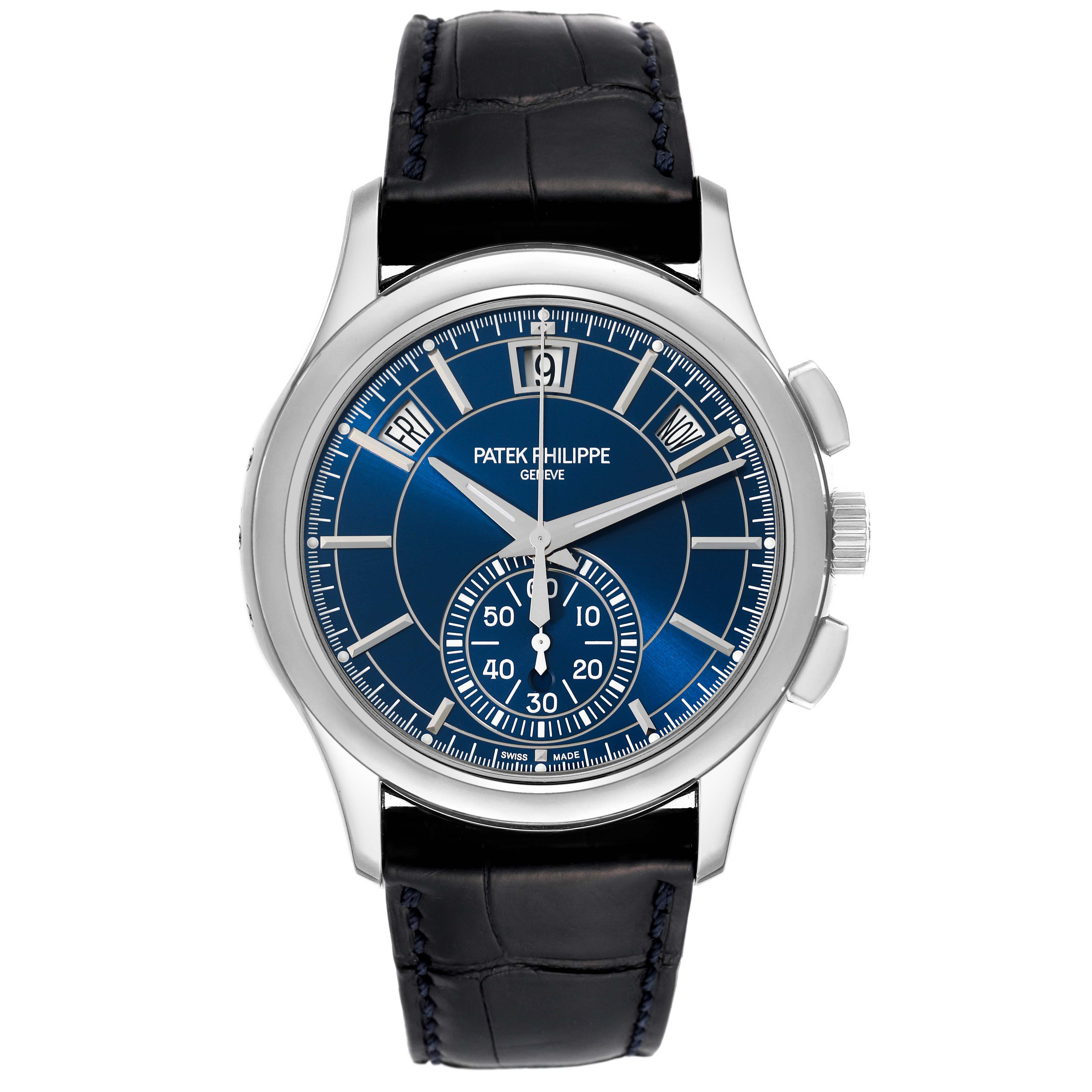 This image shows a front view of the Patek Philippe Complications 5905P - 001 Men's Platinum Blue Dial 5905P - 001 Men's Platinum Blue Dial model watch with a blue dial and a black leather strap.
