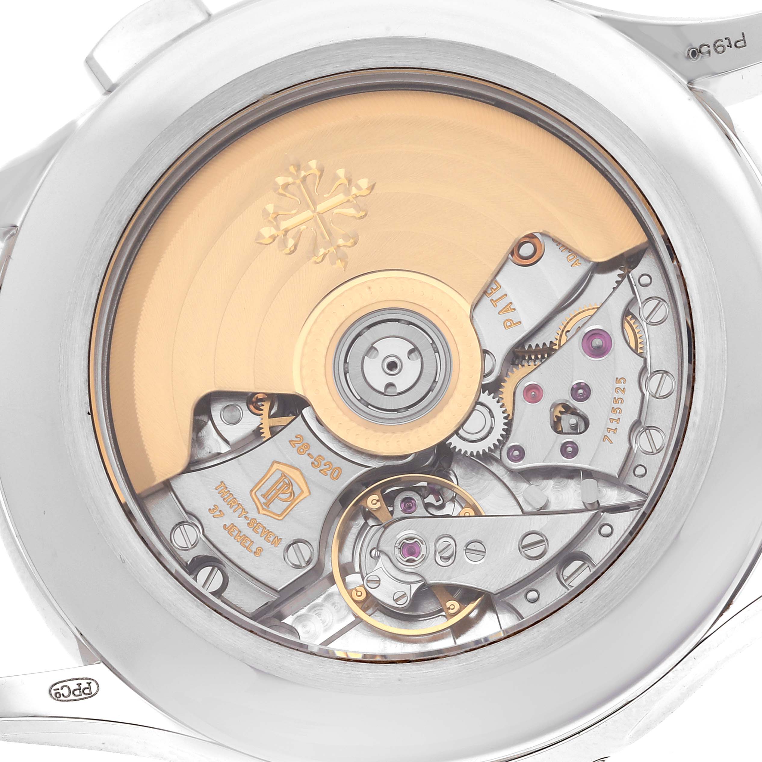 The image shows the back of a Patek Philippe Complications 5905P - 001 Men's Platinum Blue Dial 5905P - 001 Men's Platinum Blue Dial watch, highlighting the intricate internal movement.