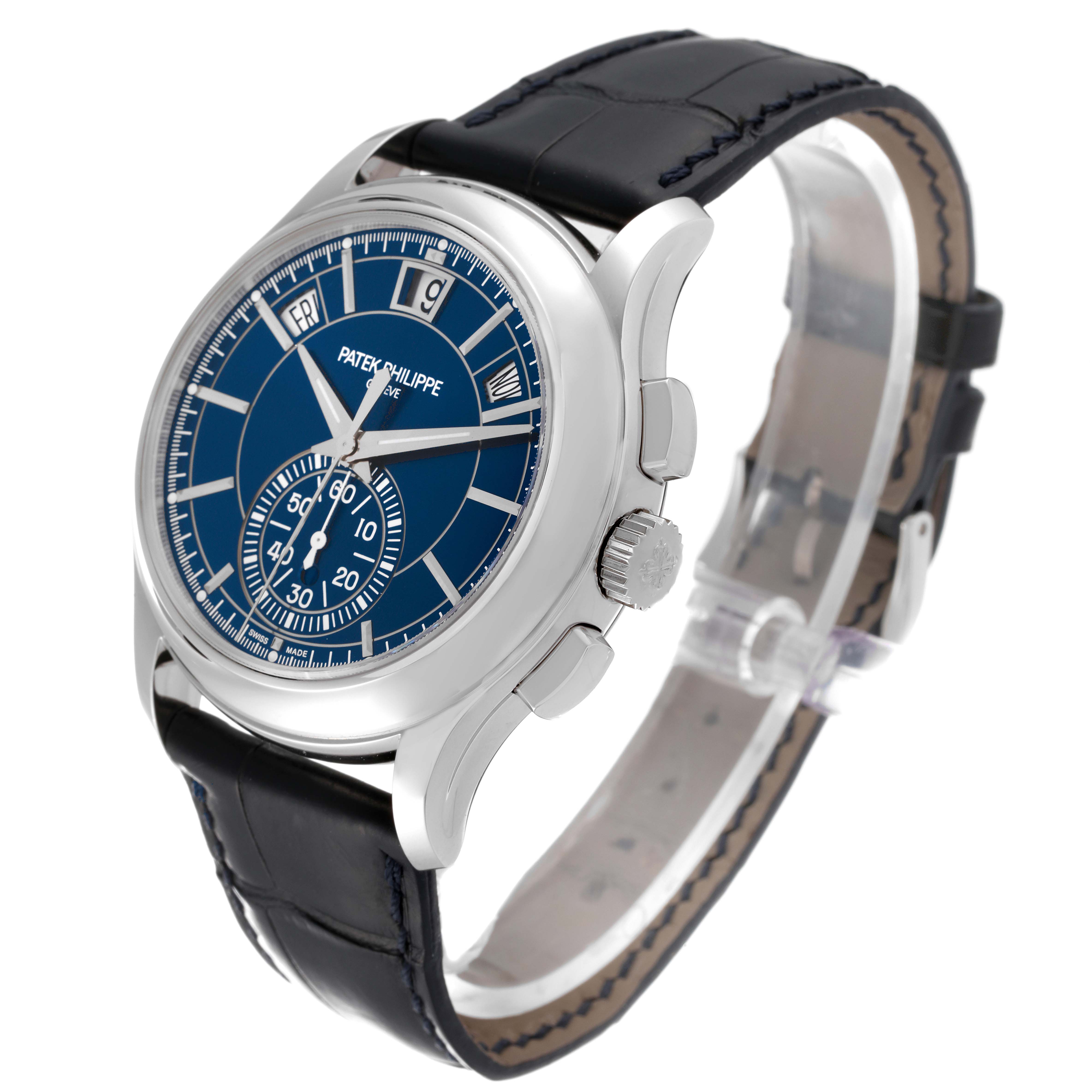 This image shows a Patek Philippe Complications 5905P - 001 Men's Platinum Blue Dial 5905P - 001 Men's Platinum Blue Dial watch at a 3/4 angle highlighting its dial, crown, and leather strap.