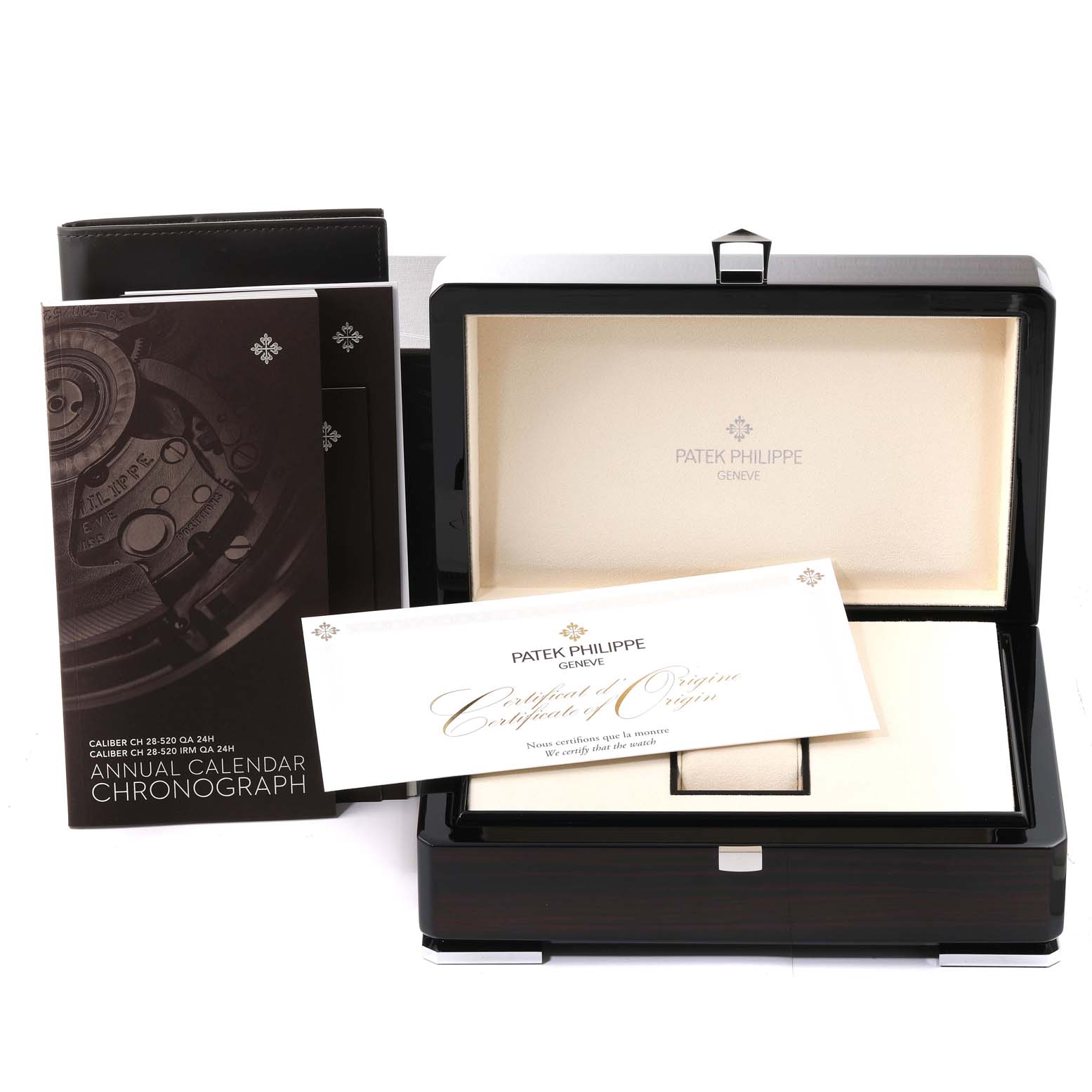 The image shows the packaging, certificate, and documentation for the Patek Philippe Complications 5905P - 001 Men's Platinum Blue Dial 5905P - 001 Men's Platinum Blue Dial model watch.