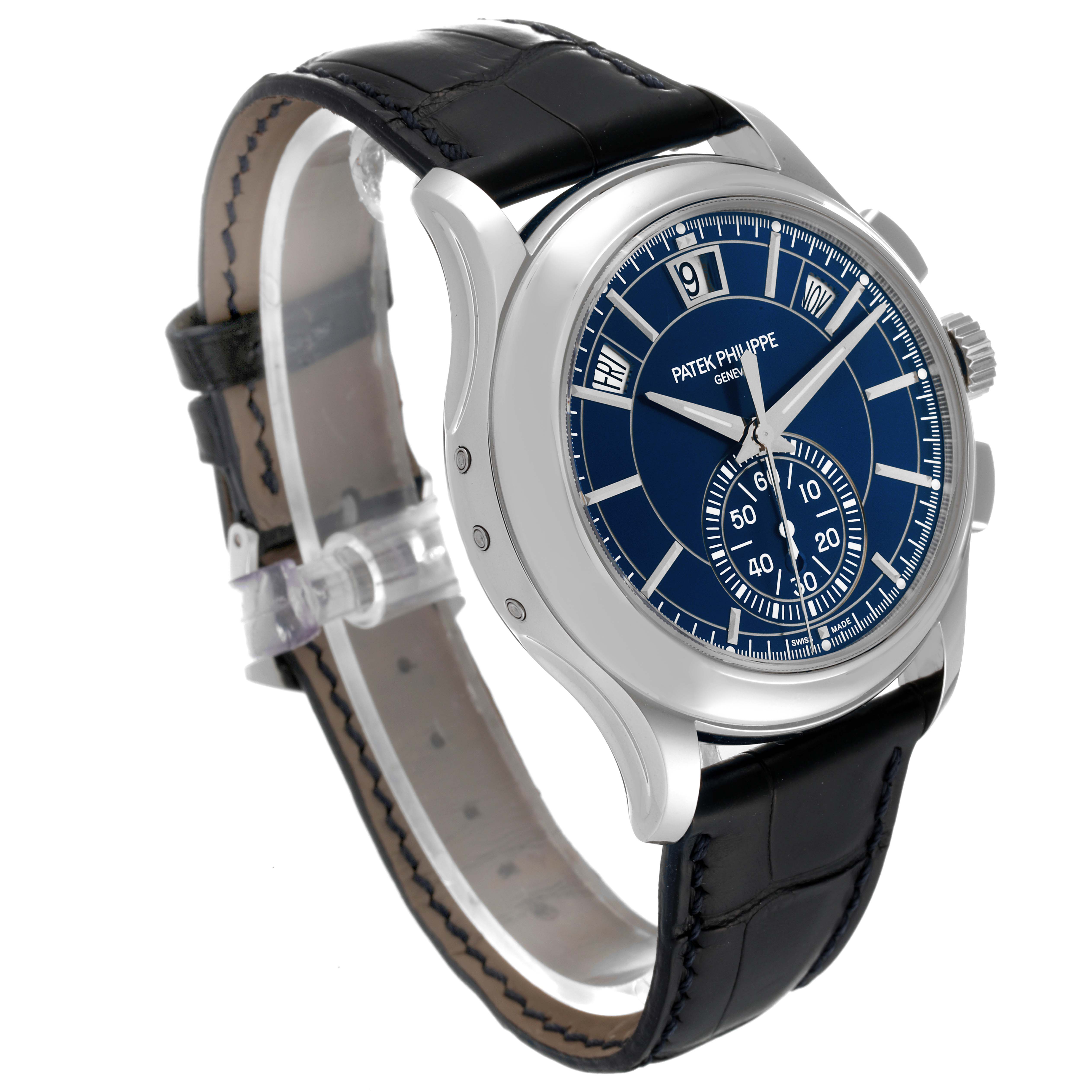 The image shows a side-angle view of the Patek Philippe Complications 5905P - 001 Men's Platinum Blue Dial 5905P - 001 Men's Platinum Blue Dial watch, highlighting its blue dial, silver case, and black leather strap.