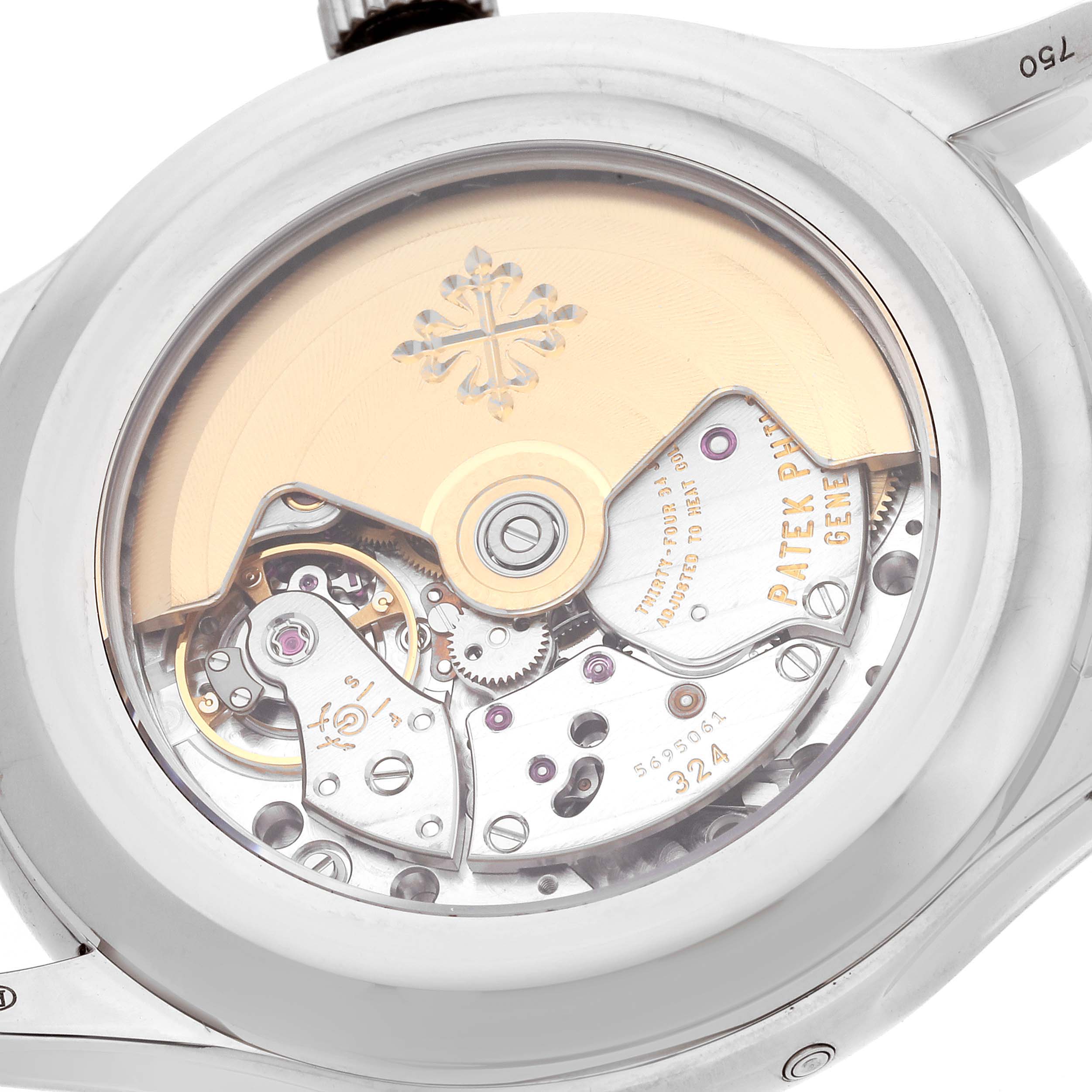 This image shows the back view of the Patek Philippe Complications 5205G - 010 Men's White Gold Grey Dial 5205G - 010 Men's White Gold Grey Dial model, highlighting its intricate movement details.