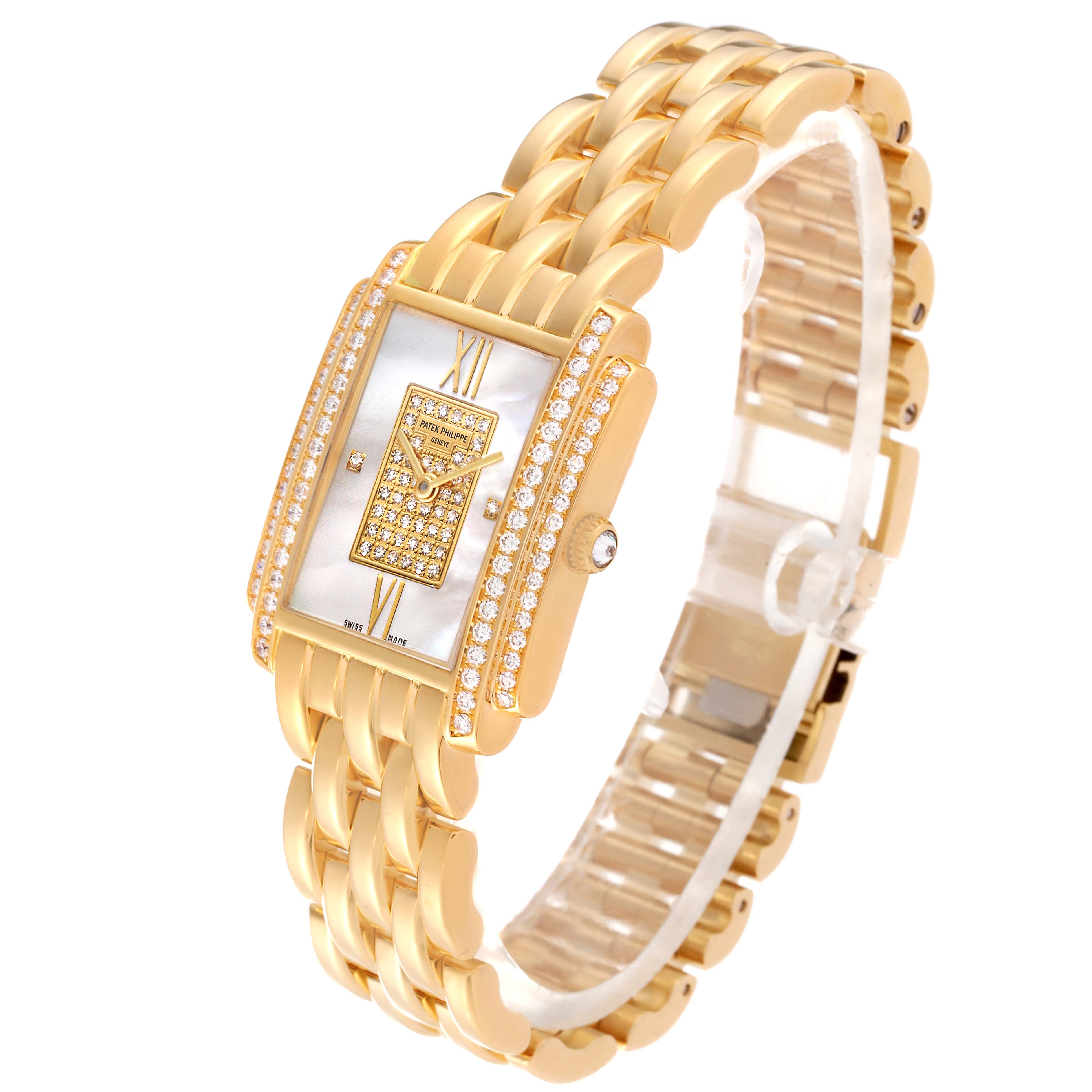 The Patek Philippe Gondolo 4825/101J-001 Women's Yellow Gold Mother of Pearl Dial 4825/101J-001 Women's Yellow Gold Mother of Pearl Dial watch is shown at a three-quarter angle, displaying the face, bezel, band, and side crown.