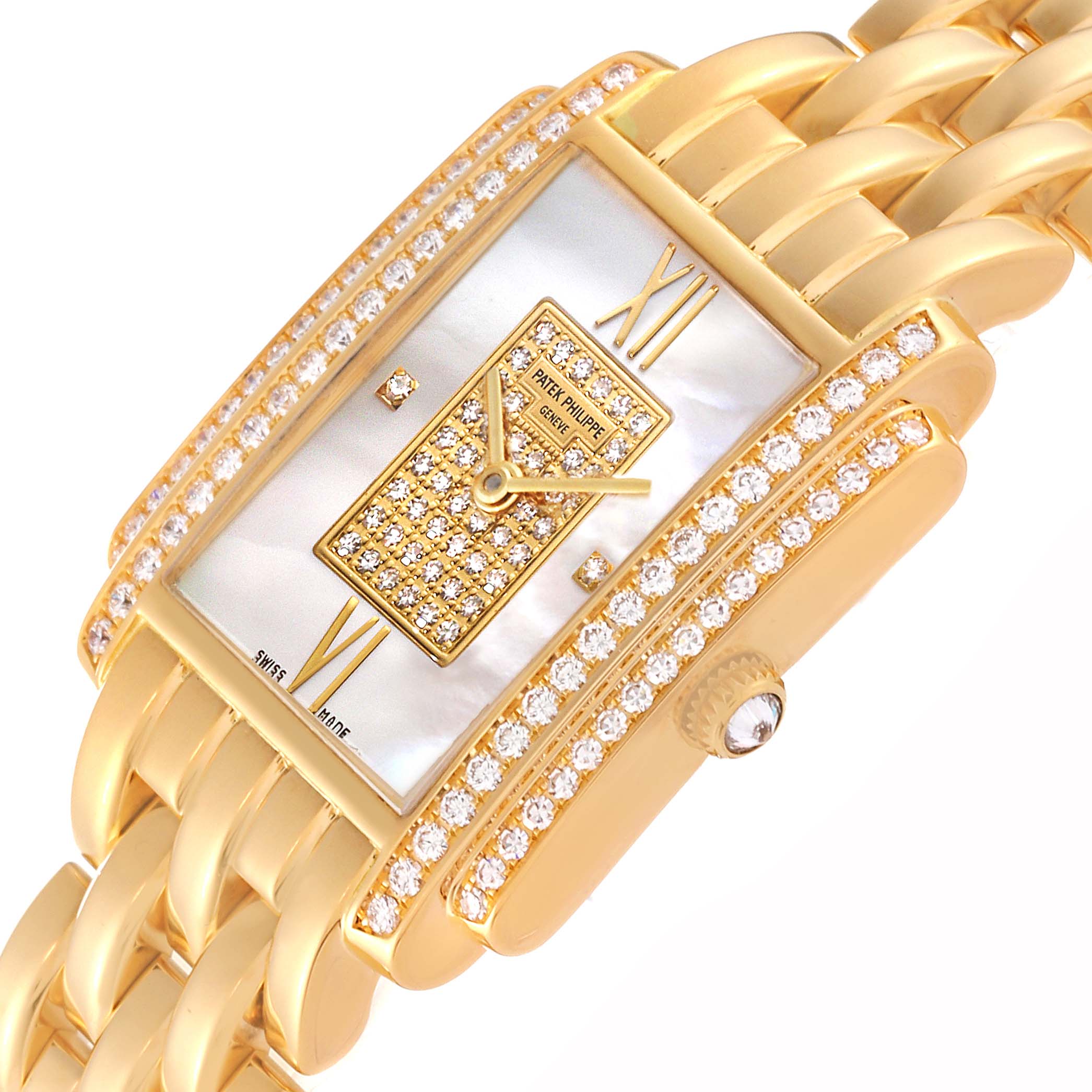 This image shows a close-up view of a Patek Philippe Gondolo 4825/101J-001 Women's Yellow Gold Mother of Pearl Dial 4825/101J-001 Women's Yellow Gold Mother of Pearl Dial watch, highlighting its diamond-studded rectangular face and gold bracelet.