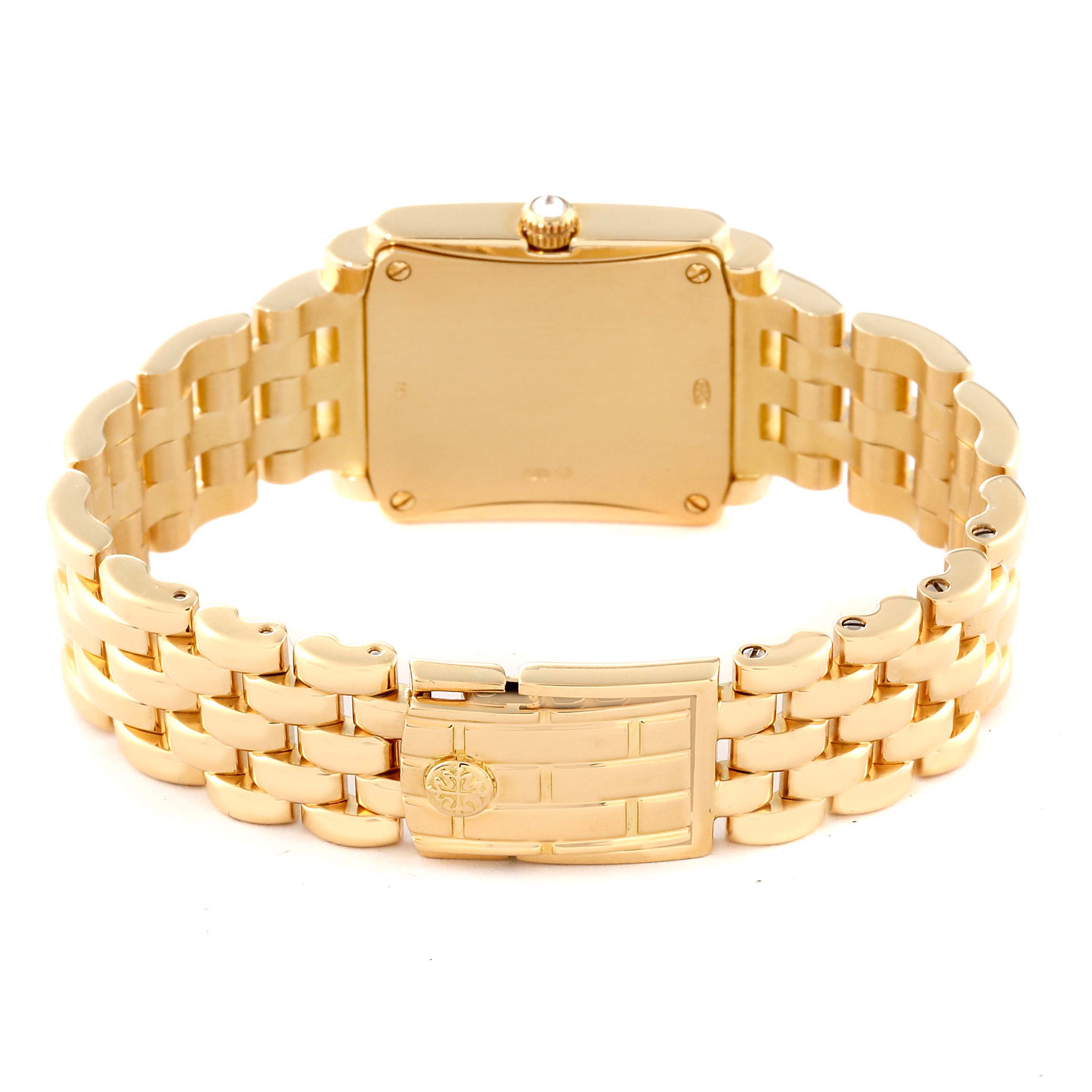 This image shows the back and clasp of a gold Patek Philippe Gondolo 4825/101J-001 Women's Yellow Gold Mother of Pearl Dial 4825/101J-001 Women's Yellow Gold Mother of Pearl Dial watch, capturing the bracelet and case back.