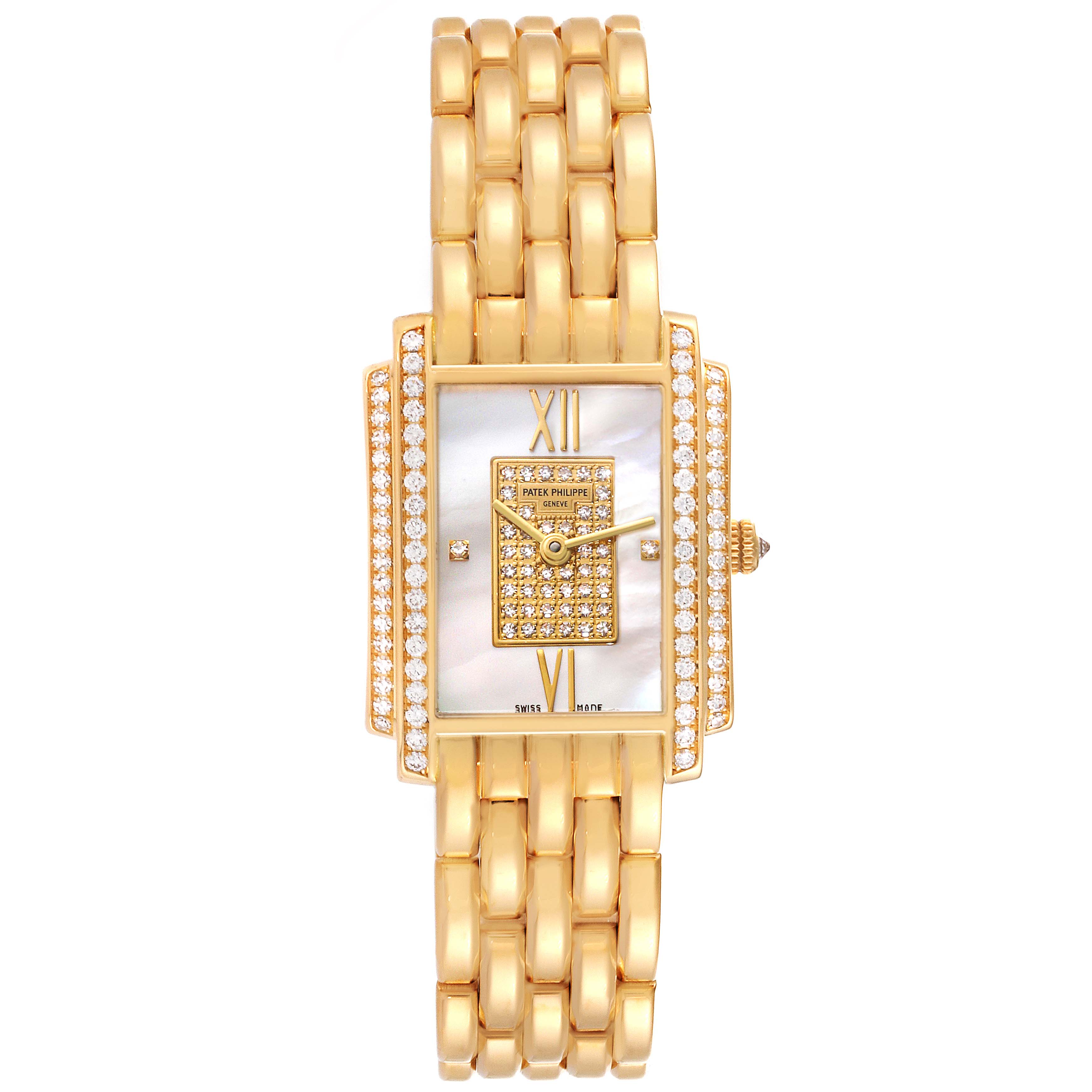 The image shows a Patek Philippe Gondolo 4825/101J-001 Women's Yellow Gold Mother of Pearl Dial 4825/101J-001 Women's Yellow Gold Mother of Pearl Dial watch, featuring a rectangular, diamond-studded face and a gold linked bracelet, viewed from the front.