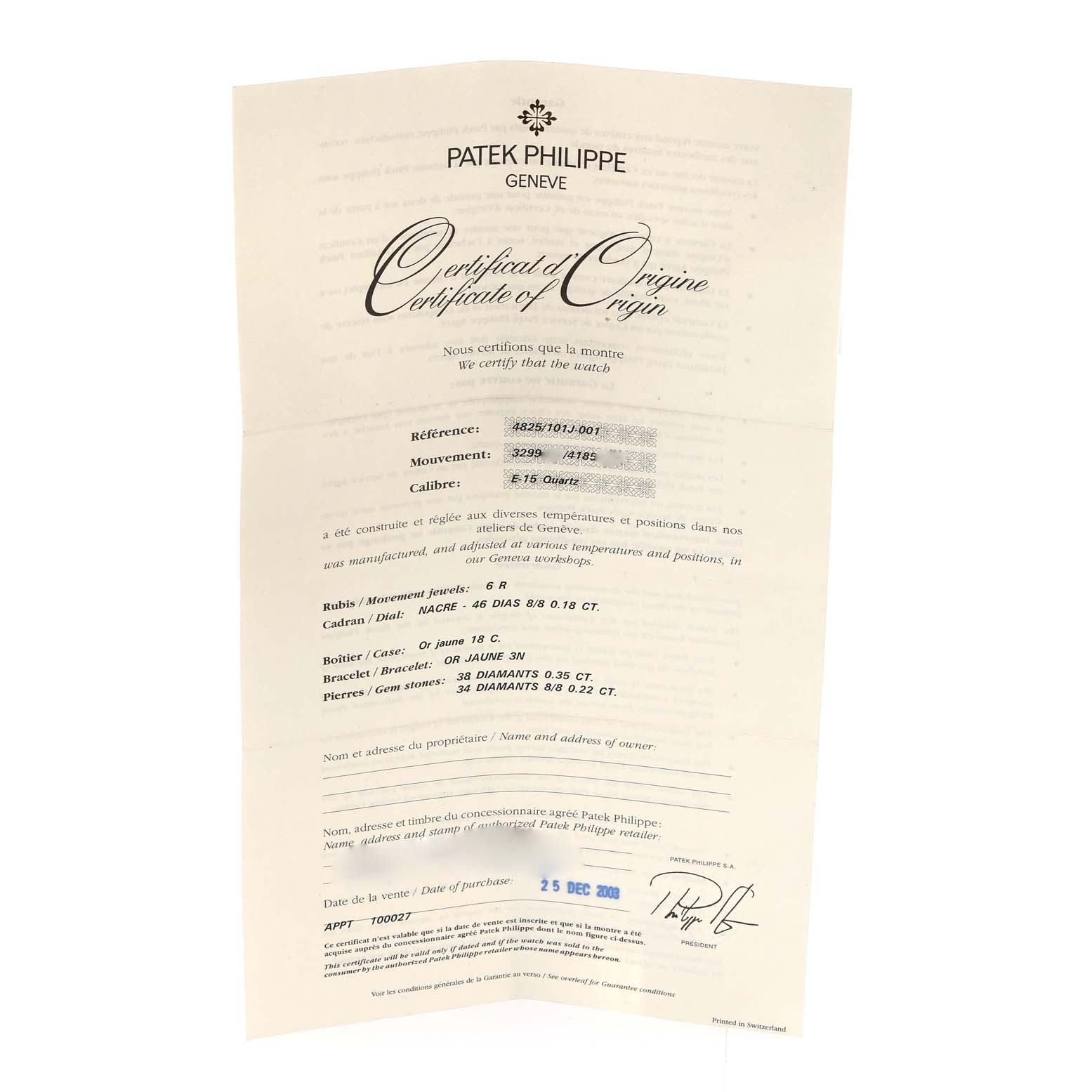 This image shows the Certificate of Origin for a Patek Philippe Gondolo 4825/101J-001 Women's Yellow Gold Mother of Pearl Dial 4825/101J-001 Women's Yellow Gold Mother of Pearl Dial watch, detailing its specifications.