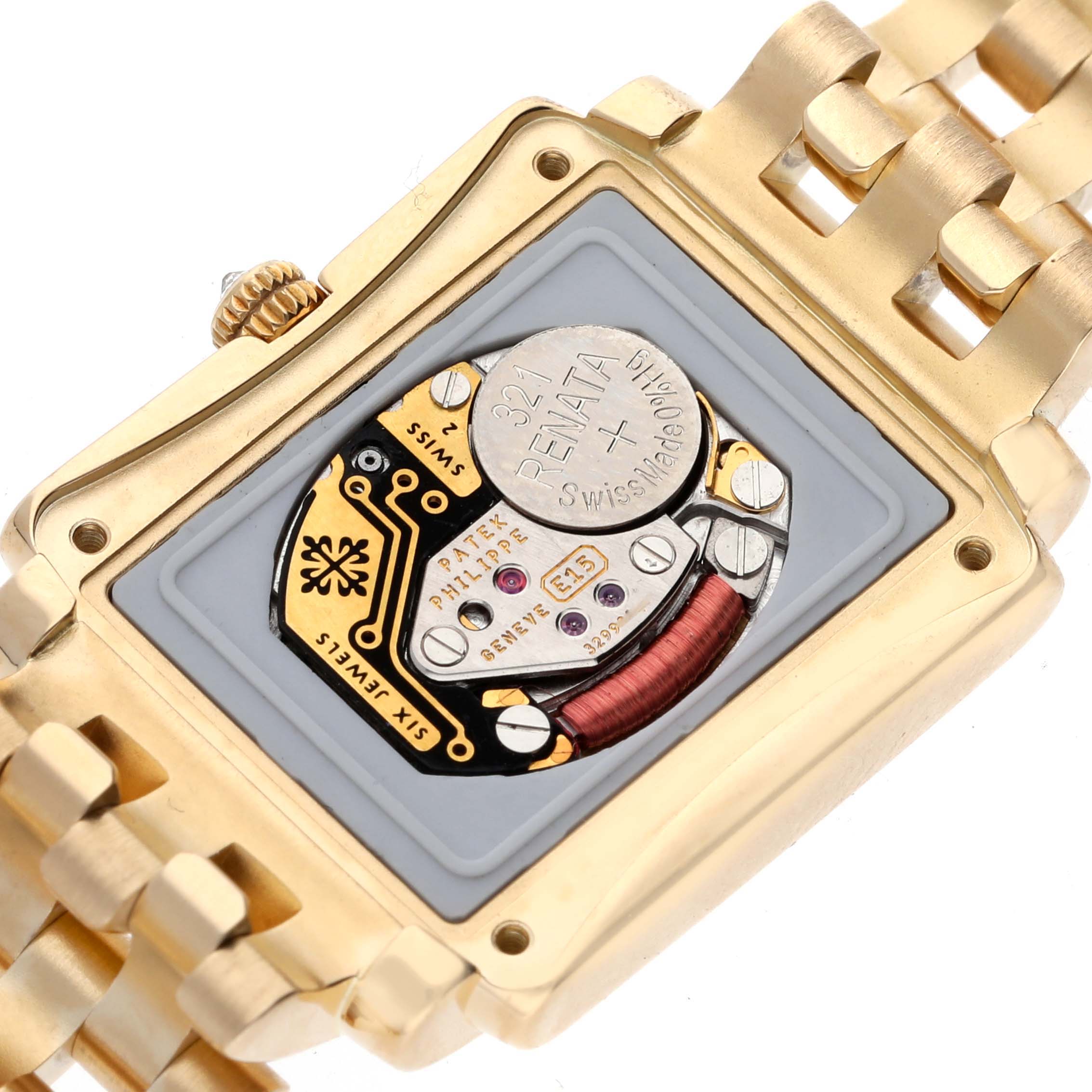 The image shows the back of a Patek Philippe Gondolo 4825/101J-001 Women's Yellow Gold Mother of Pearl Dial 4825/101J-001 Women's Yellow Gold Mother of Pearl Dial watch, highlighting its internal movement and battery.