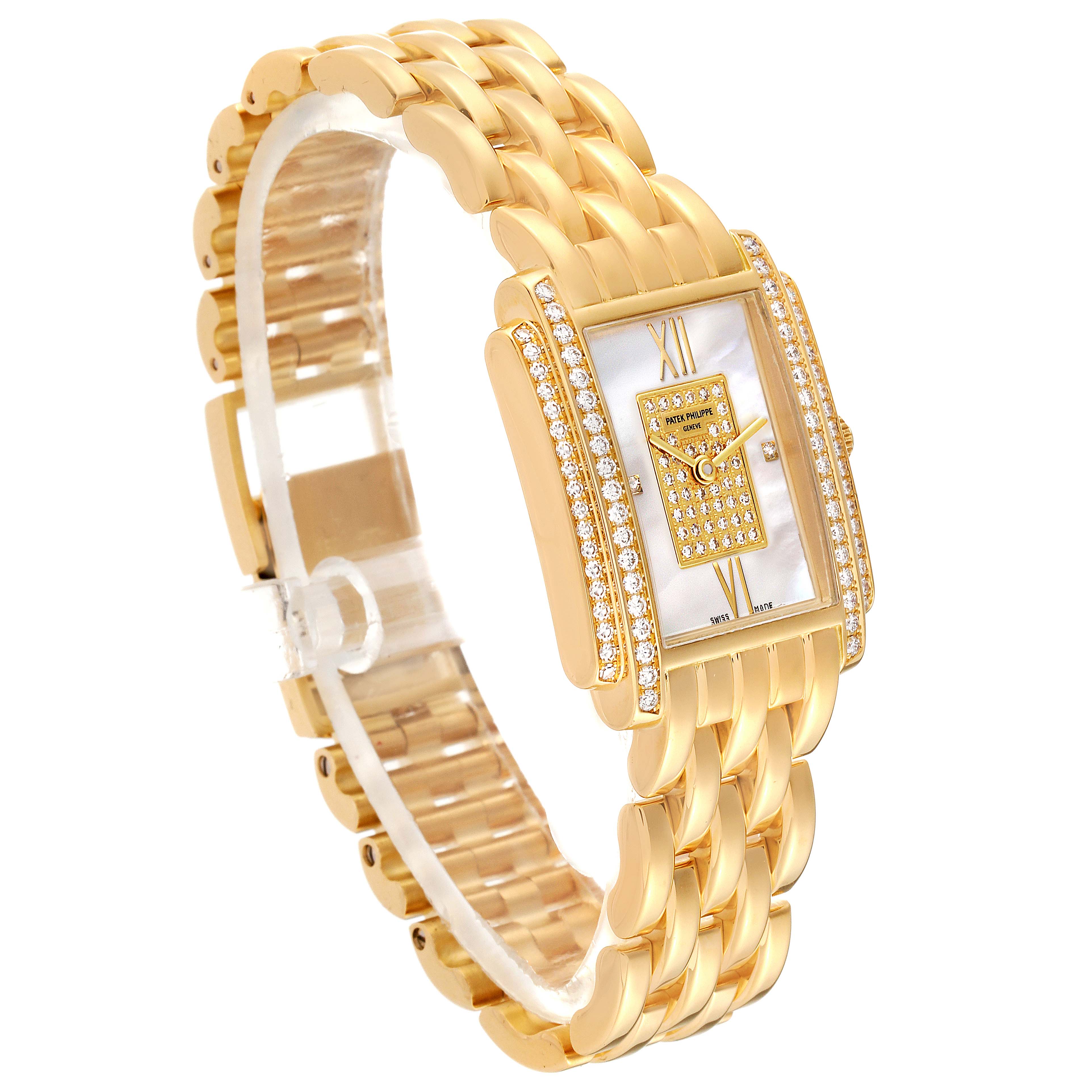 The image shows a Patek Philippe Gondolo 4825/101J-001 Women's Yellow Gold Mother of Pearl Dial 4825/101J-001 Women's Yellow Gold Mother of Pearl Dial watch angled to display the gold bracelet, rectangular diamond-encrusted face, and intricate design.