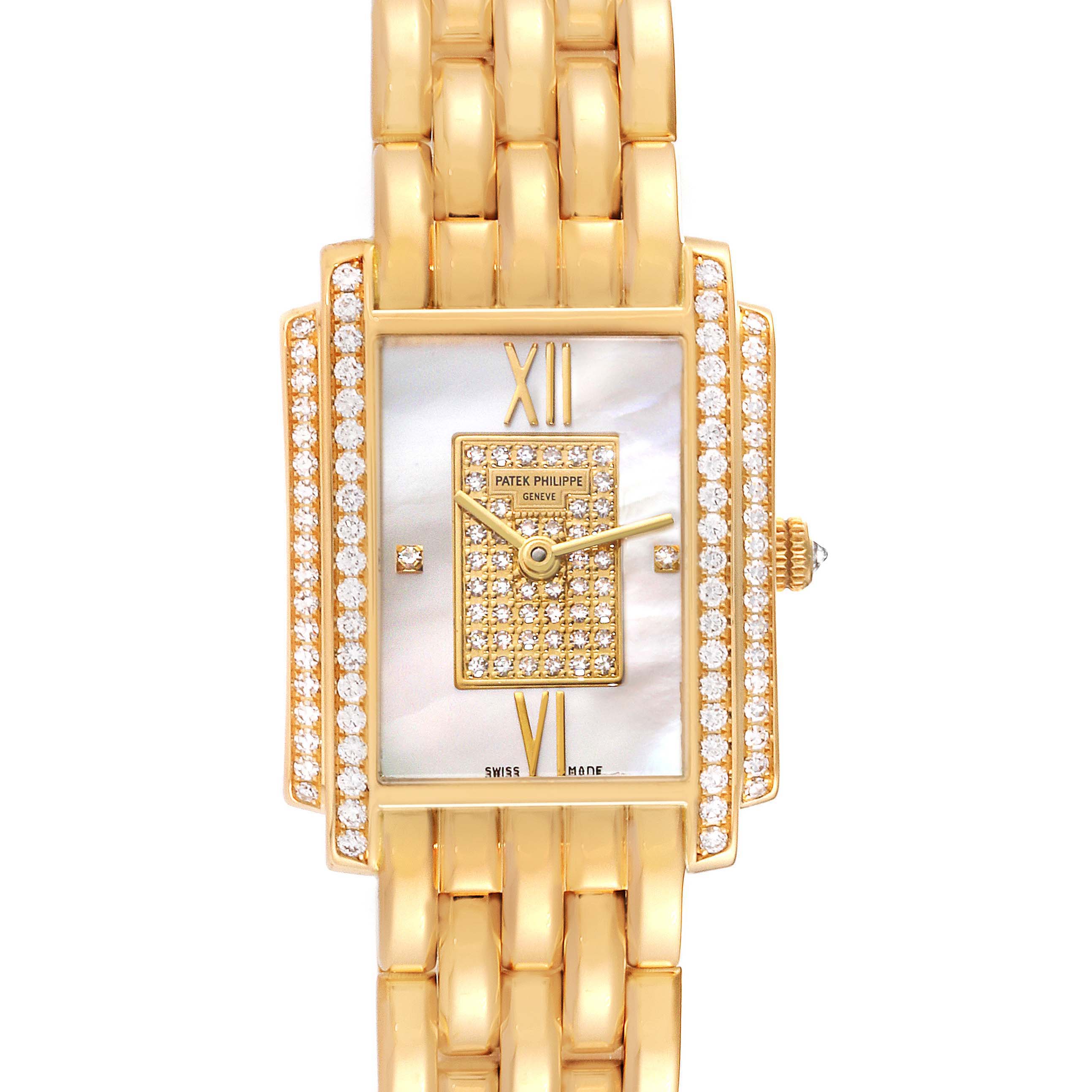 The image shows a front view of the Patek Philippe Gondolo 4825/101J-001 Women's Yellow Gold Mother of Pearl Dial 4825/101J-001 Women's Yellow Gold Mother of Pearl Dial watch, highlighting its gold case and diamond-studded design.